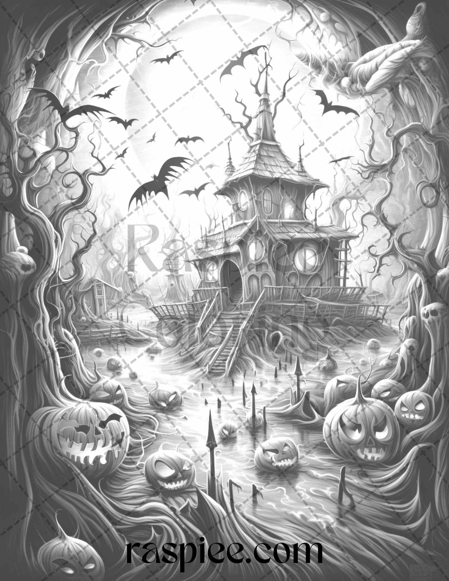 60 Halloween Nightmare Grayscale Coloring Pages Printable for Adults, PDF File Instant Download