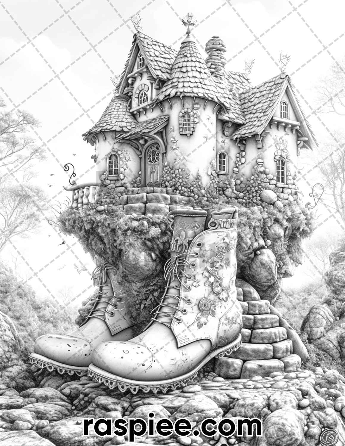 80 Fantasy Shoe House Grayscale Adult Coloring Pages, Printable PDF Instant Download
