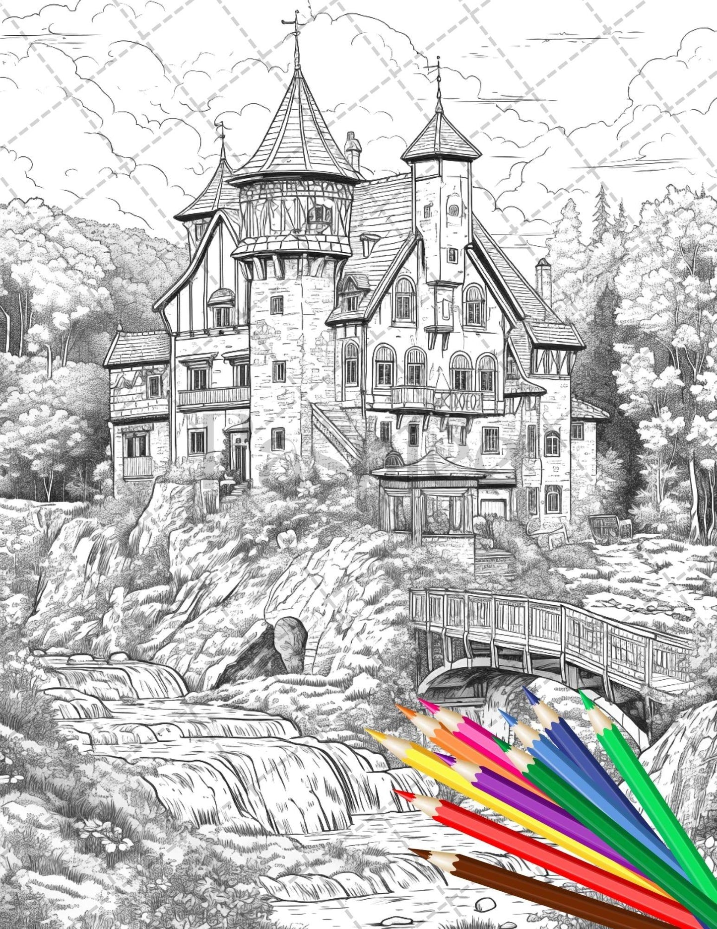 122 Fantasy Castles Coloring Book for Adults, Grayscale Coloring Page, Printable PDF Instant Download