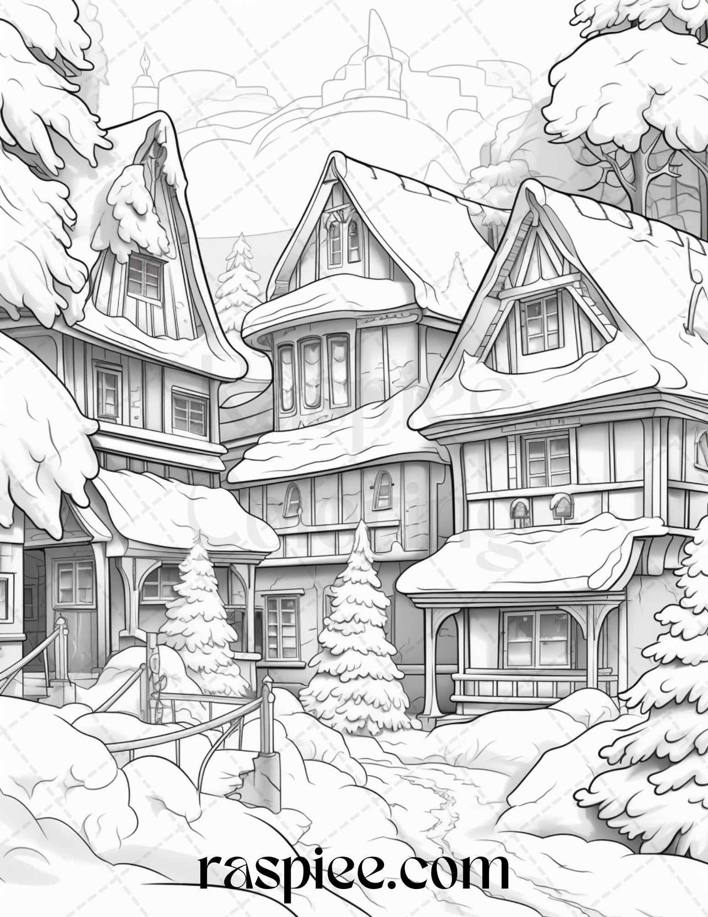 Winter Scenery Grayscale Coloring Pages Printable, Relaxing Snowy Landscapes, PDF File Instant Download