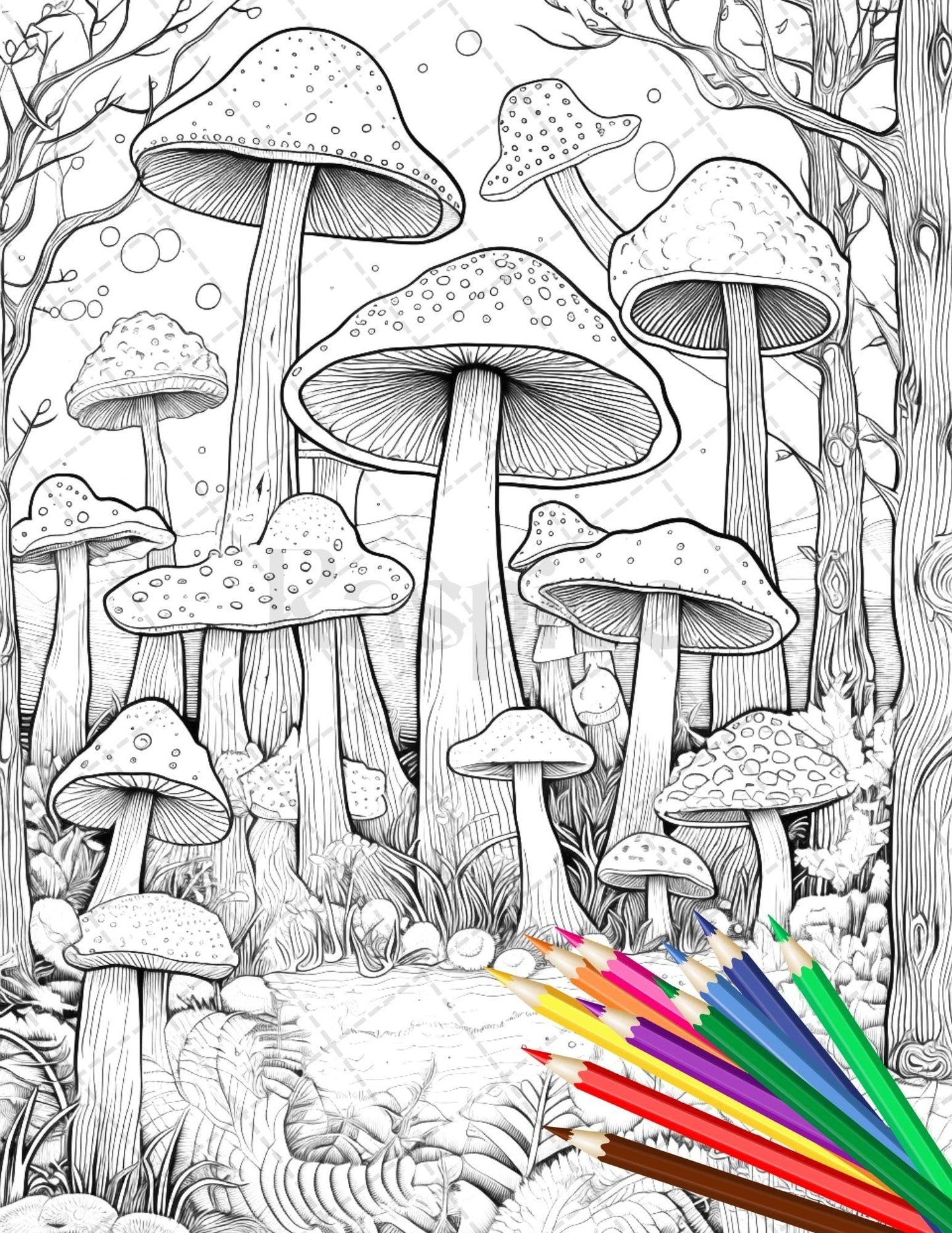 Psychedelic Mushroom Forest Coloring Book Printable for Adults, Trippy Grayscale Coloring Page, PDF File Instant Download