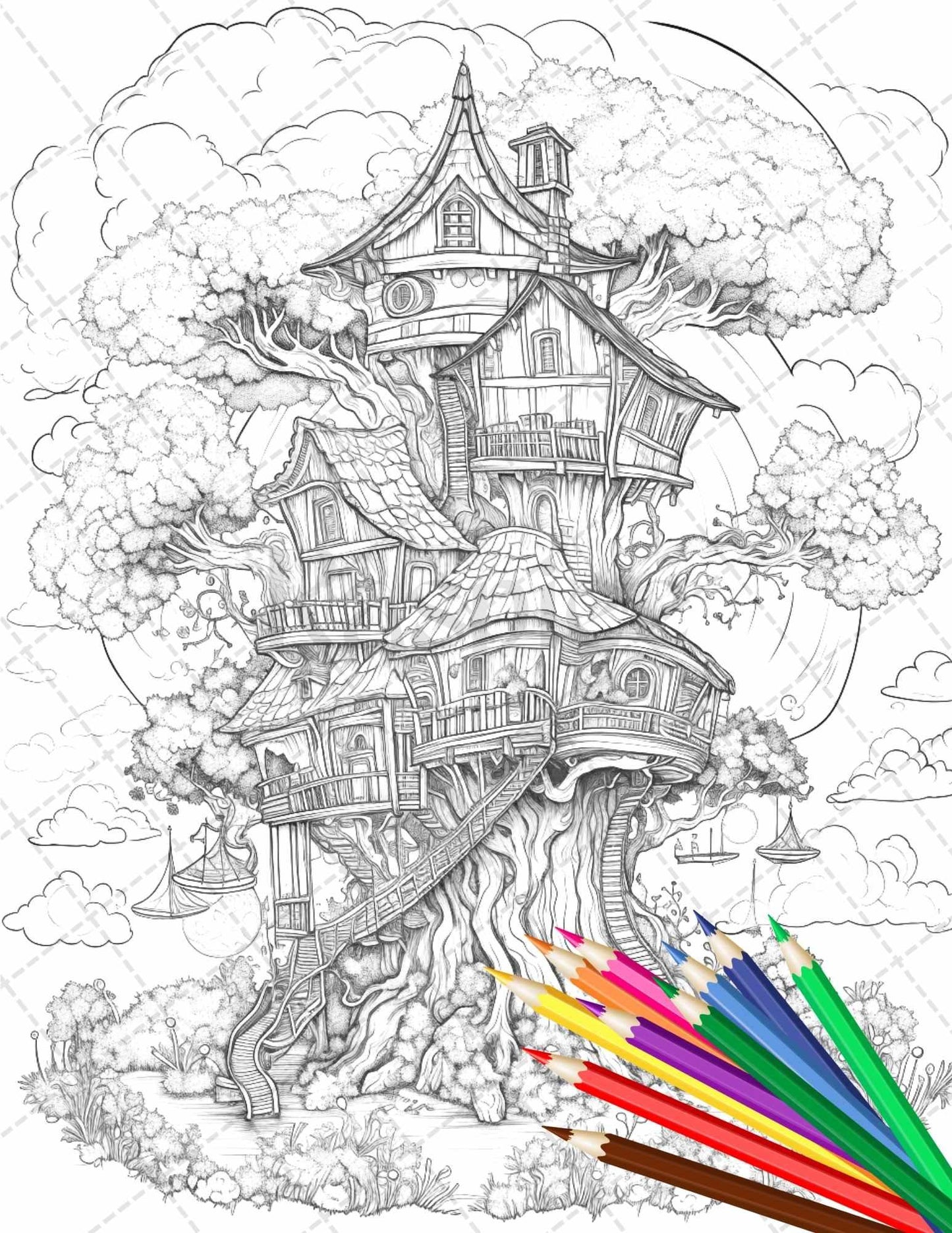 110 Enchanted Treehouse Coloring Book Printable for Adults, Grayscale Coloring Page, PDF File Instant Download
