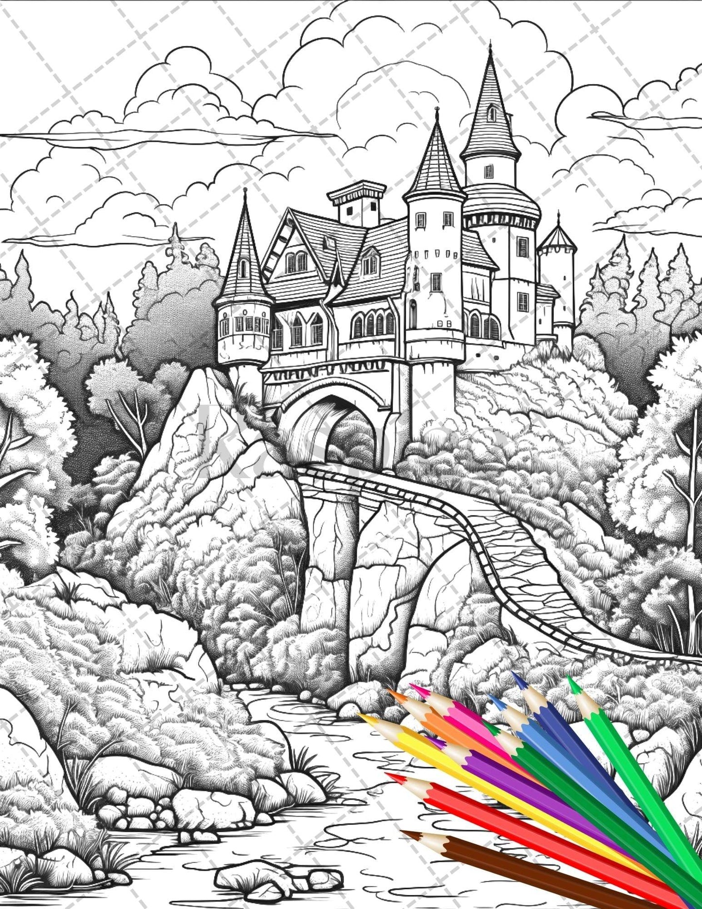122 Fantasy Castles Coloring Book for Adults, Grayscale Coloring Page, Printable PDF Instant Download