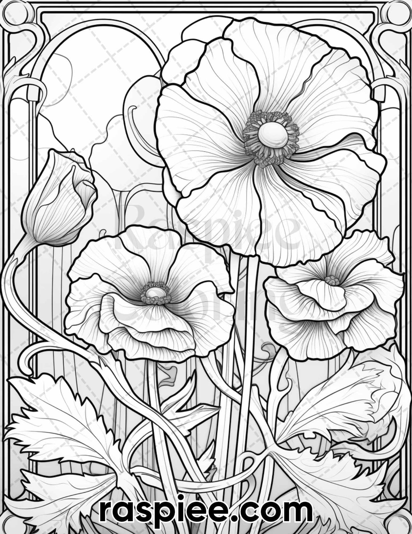60 Art Nouveau Flowers Grayscale Adult Coloring Pages, Printable PDF Instant Download
