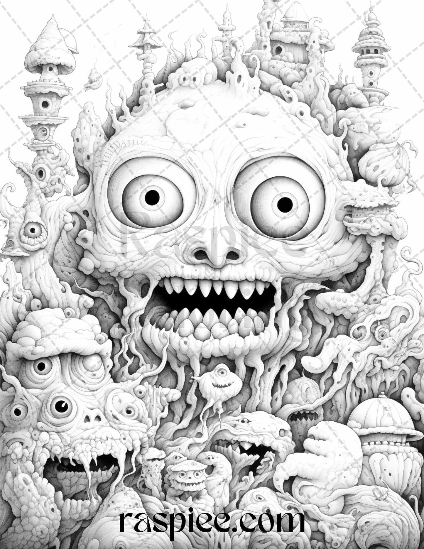 53 Surreal Creatures Grayscale Coloring Pages for Adults, Printable PDF File Instant Download