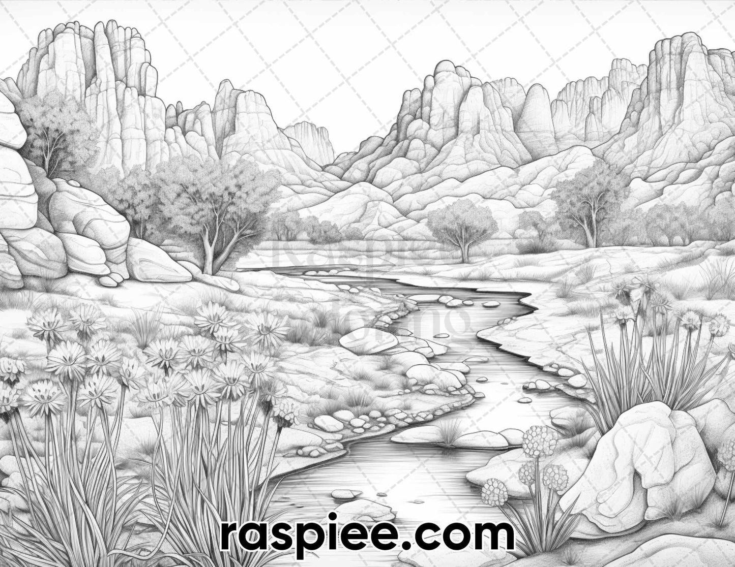 60 Desert Blooms Landscapes Grayscale Adult Coloring Pages, Printable PDF Instant Download