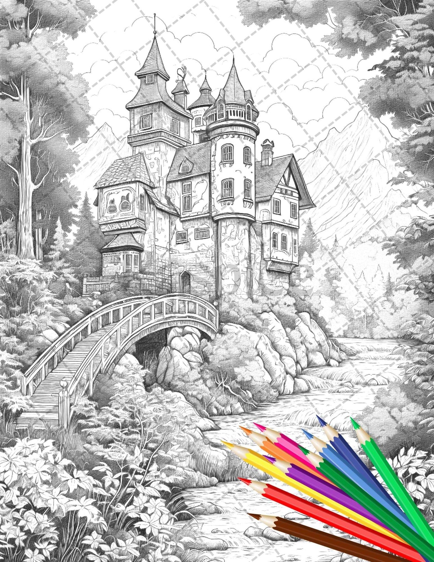 122 Fantasy Castles Coloring Book for Adults, Grayscale Coloring Page, Printable PDF Instant Download