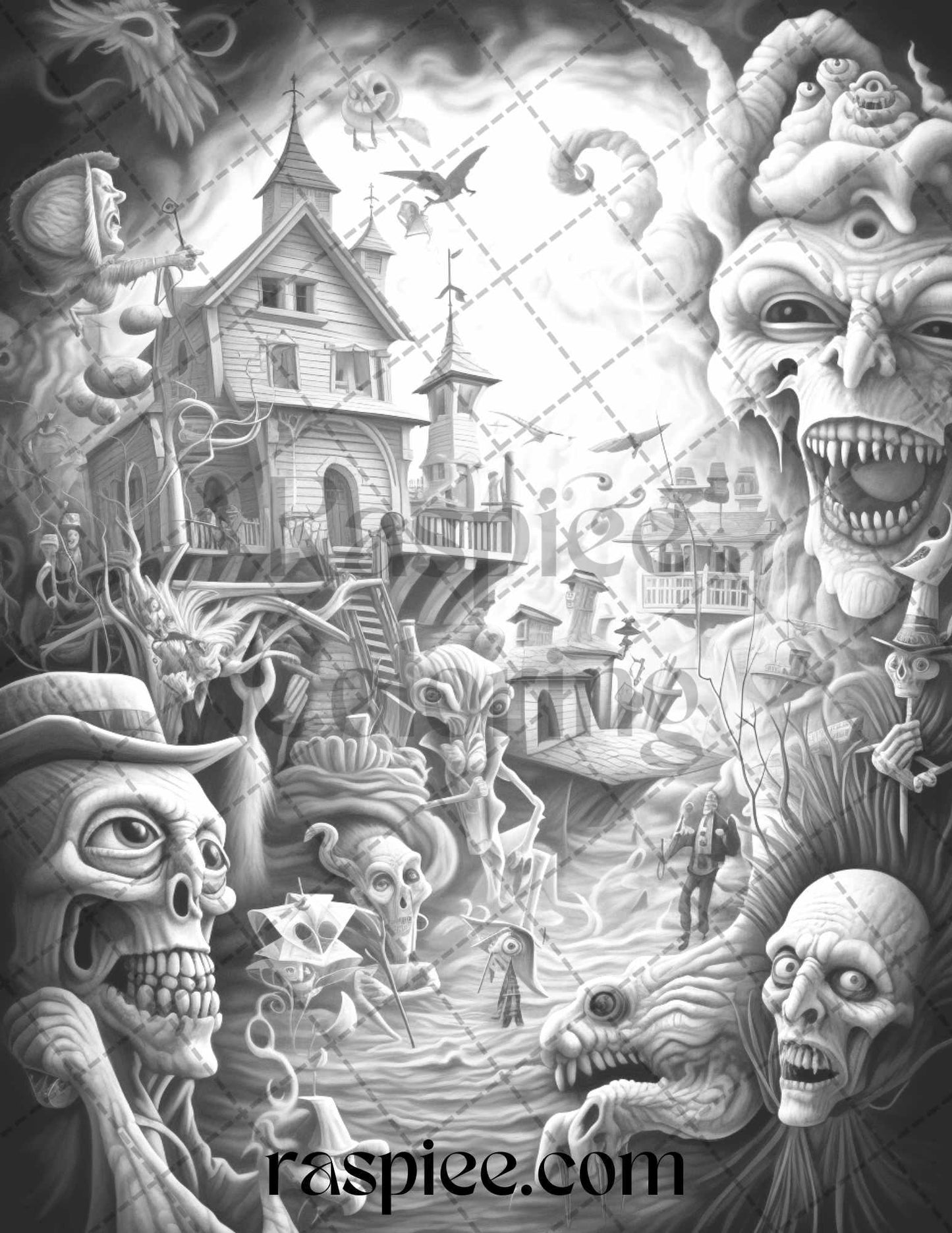 60 Halloween Nightmare Grayscale Coloring Pages Printable for Adults, PDF File Instant Download