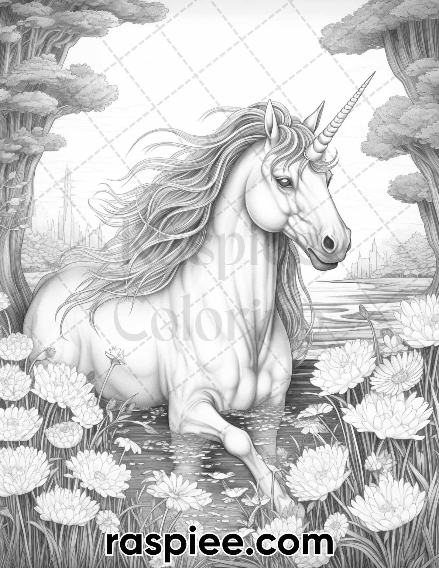 55 Mystical Forest Grayscale Adult Coloring Pages, Printable PDF Instant Download