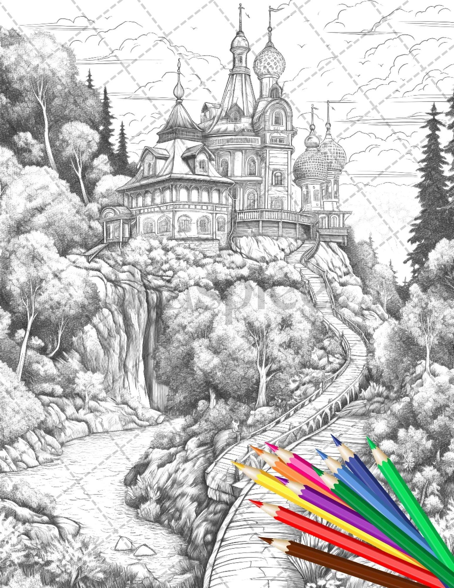 122 Fantasy Castles Coloring Book for Adults, Grayscale Coloring Page, Printable PDF Instant Download