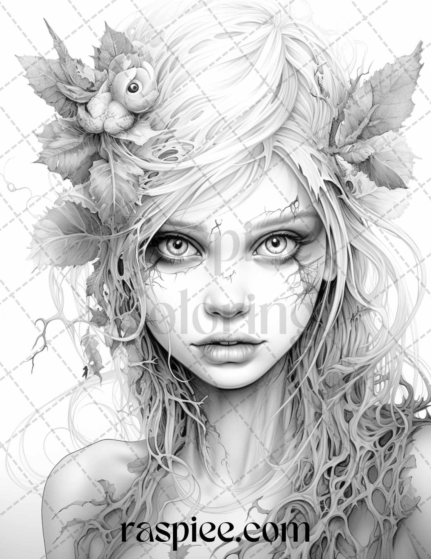 60 Halloween Zombie Fairy Grayscale Coloring Pages Printable for Adults, PDF File Instant Download