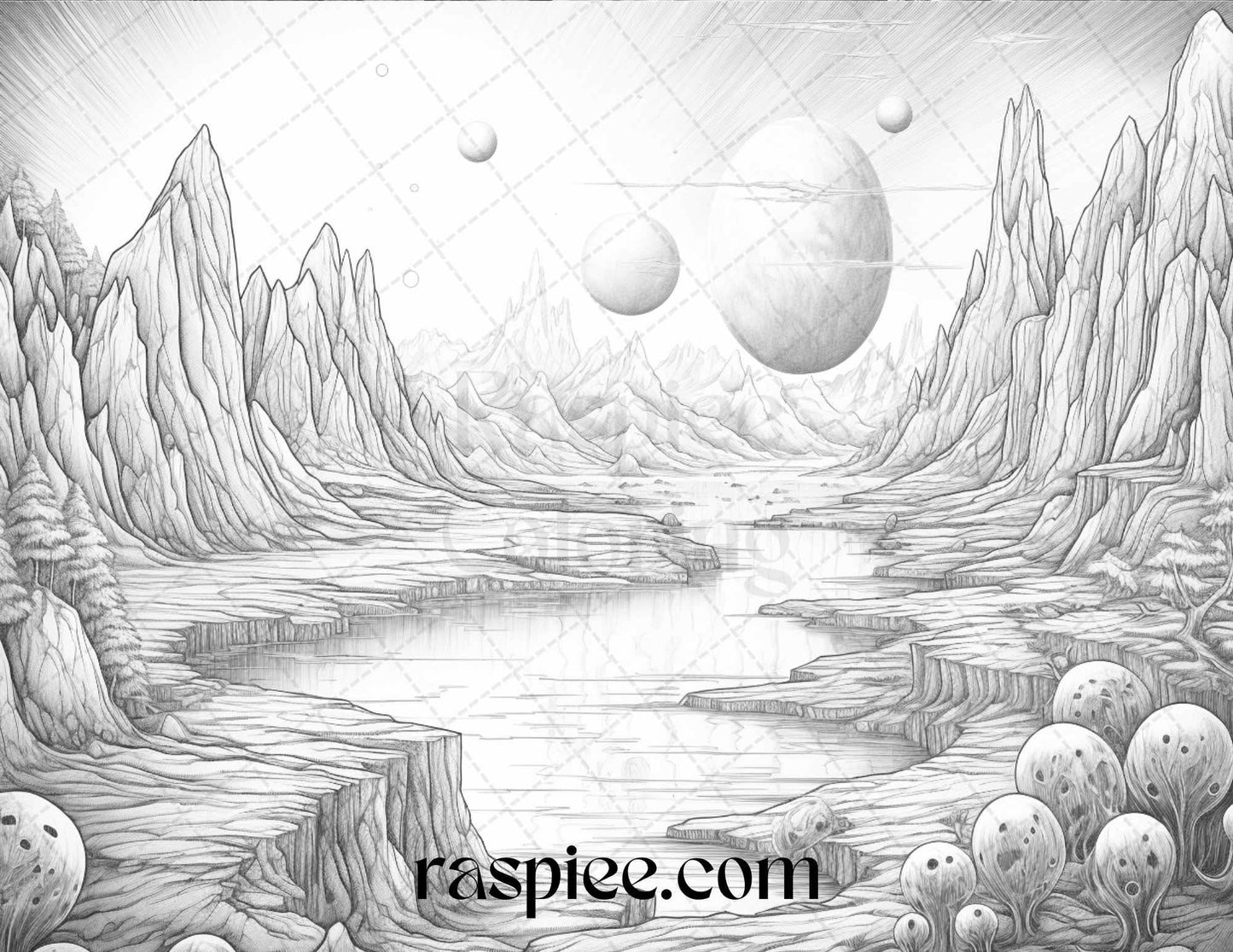 55 Celestial Landscapes Grayscale Coloring Pages Printable for Adults, PDF File Instant Download