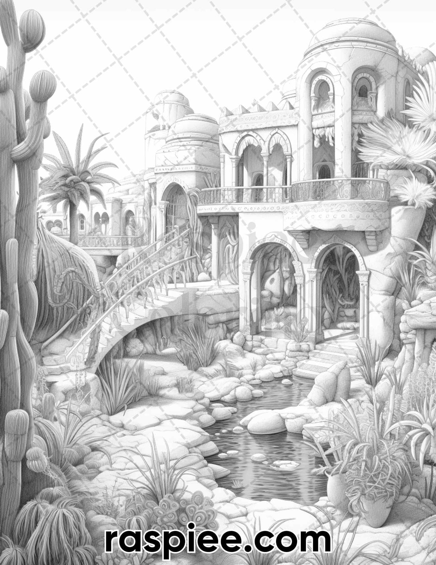 55 Desert Oasis Fairy Homes Grayscale Coloring Pages for Adults, Printable PDF Instant Download