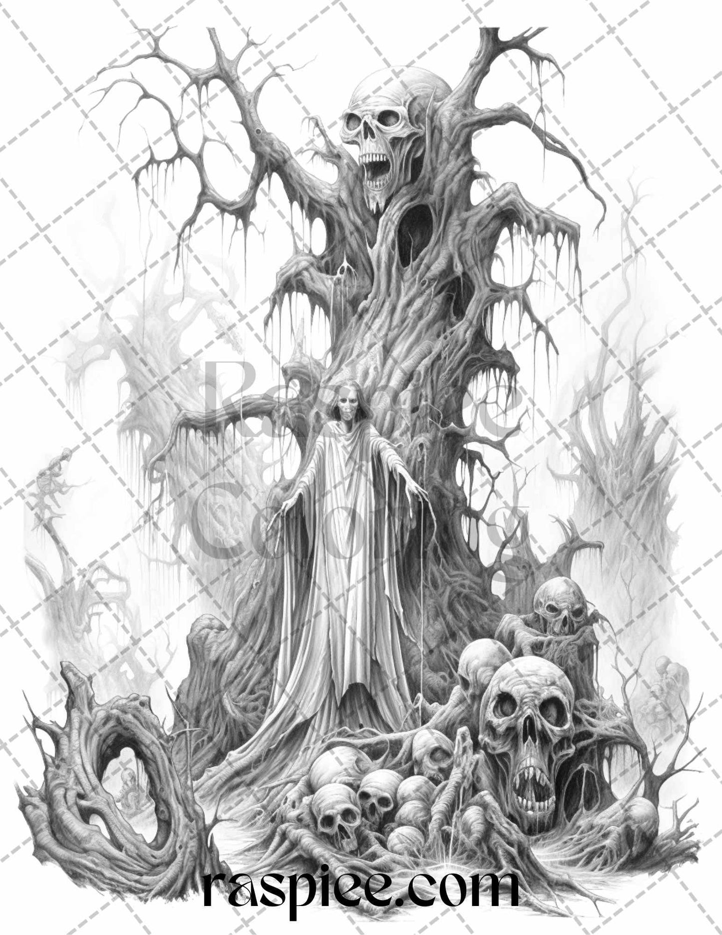 60 Halloween Nightmare Grayscale Coloring Pages Printable for Adults, PDF File Instant Download