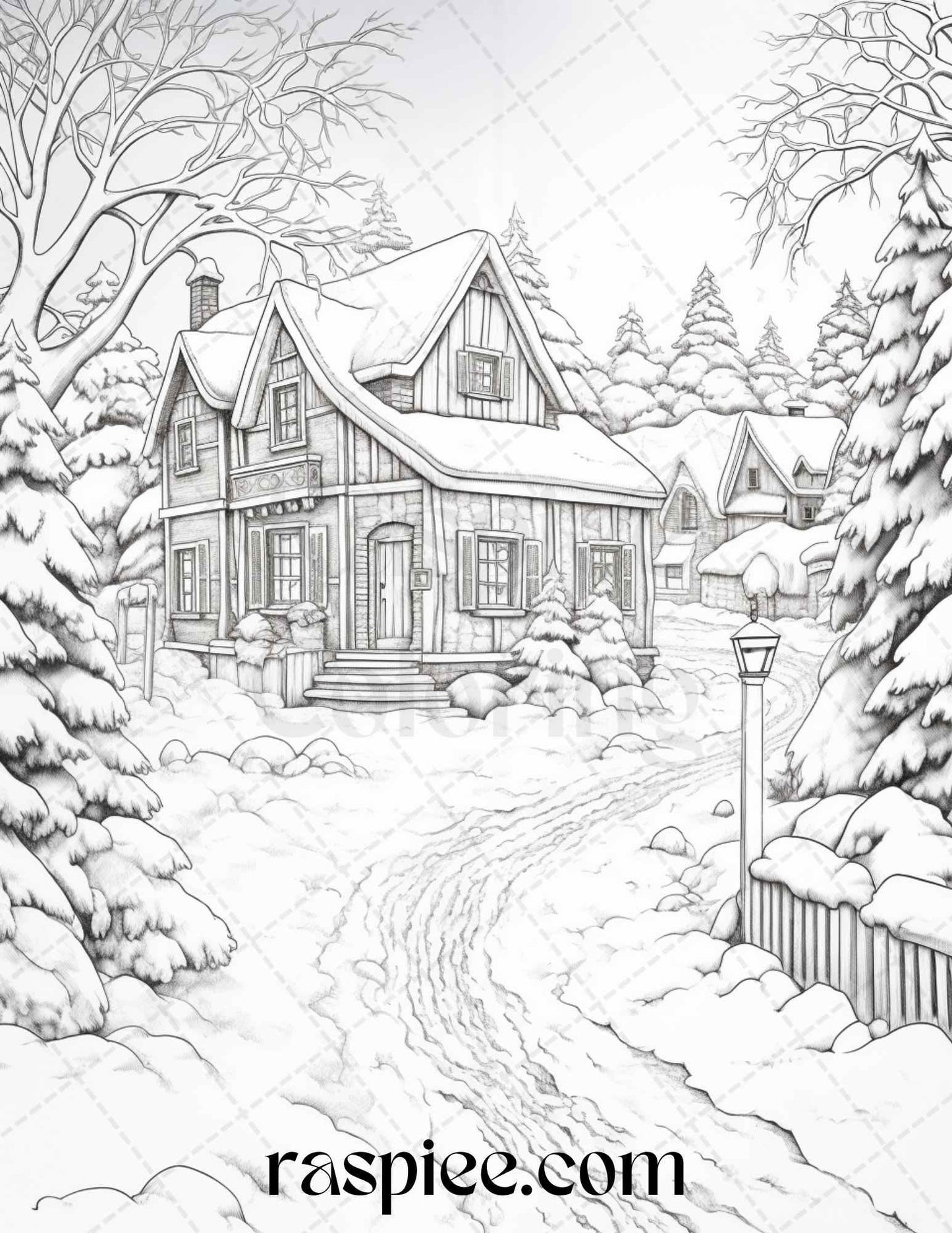 Winter Scenery Grayscale Coloring Pages Printable, Relaxing Snowy Landscapes, PDF File Instant Download
