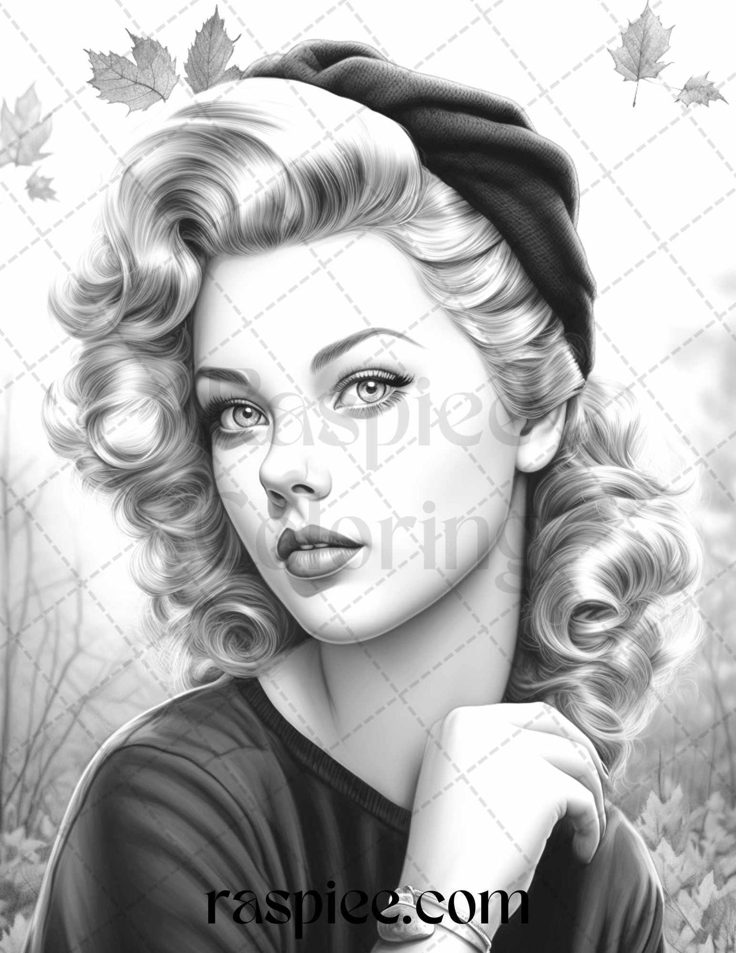 55 Autumn Pin Up Girls Grayscale Coloring Pages Printable for Adults, PDF File Instant Download