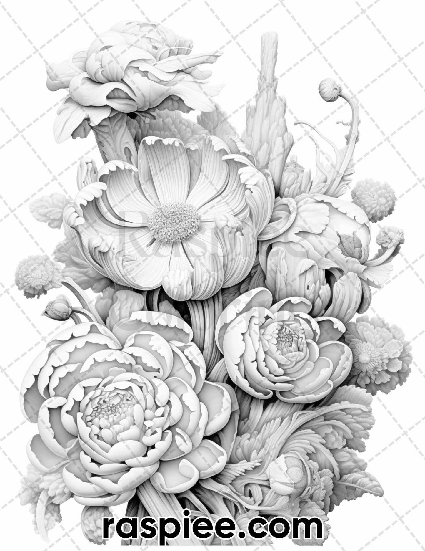 55 Fantasy Flowers Grayscale Coloring Pages for Adults, Printable PDF File Instant Download
