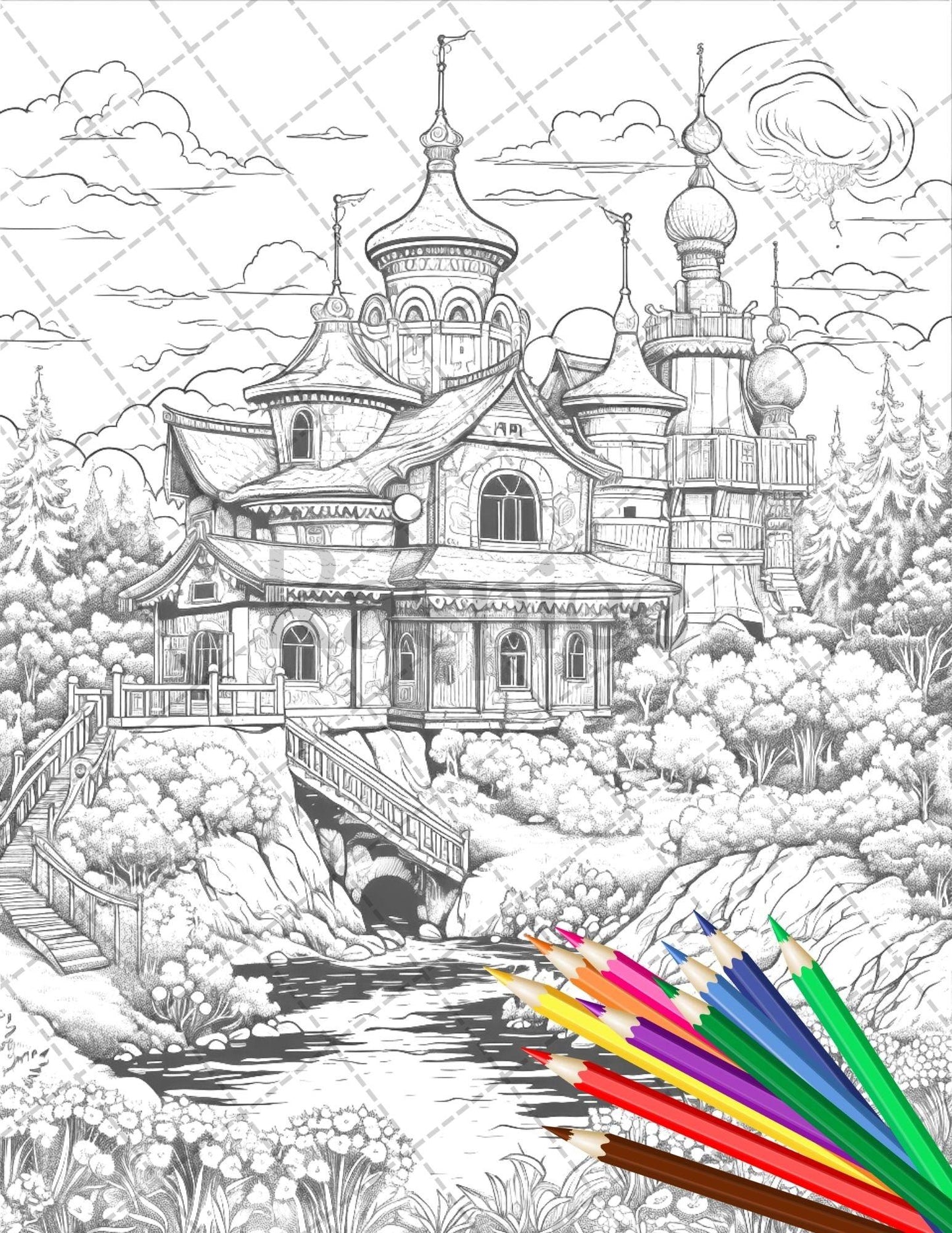 122 Fantasy Castles Coloring Book for Adults, Grayscale Coloring Page, Printable PDF Instant Download