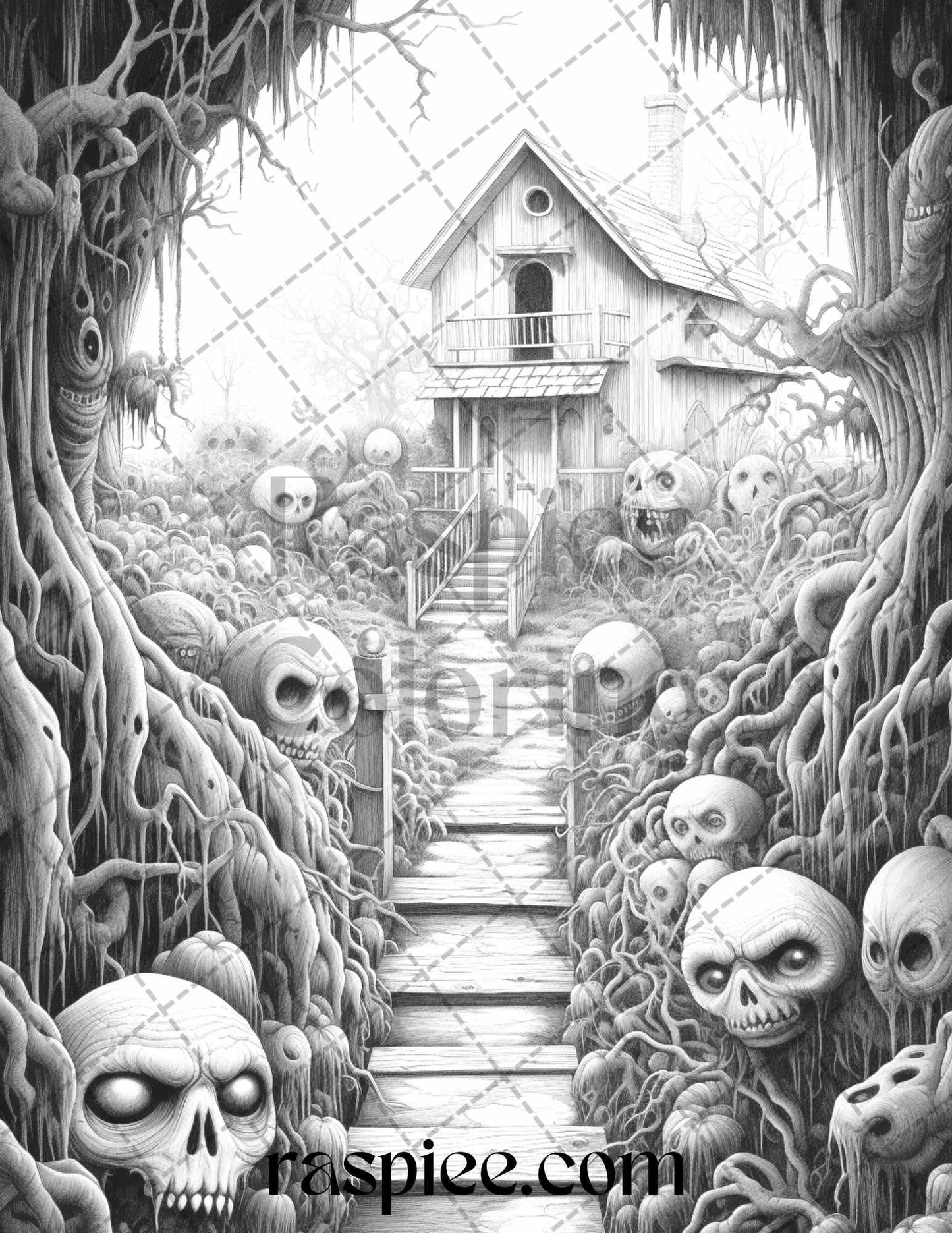 60 Halloween Nightmare Grayscale Coloring Pages Printable for Adults, PDF File Instant Download