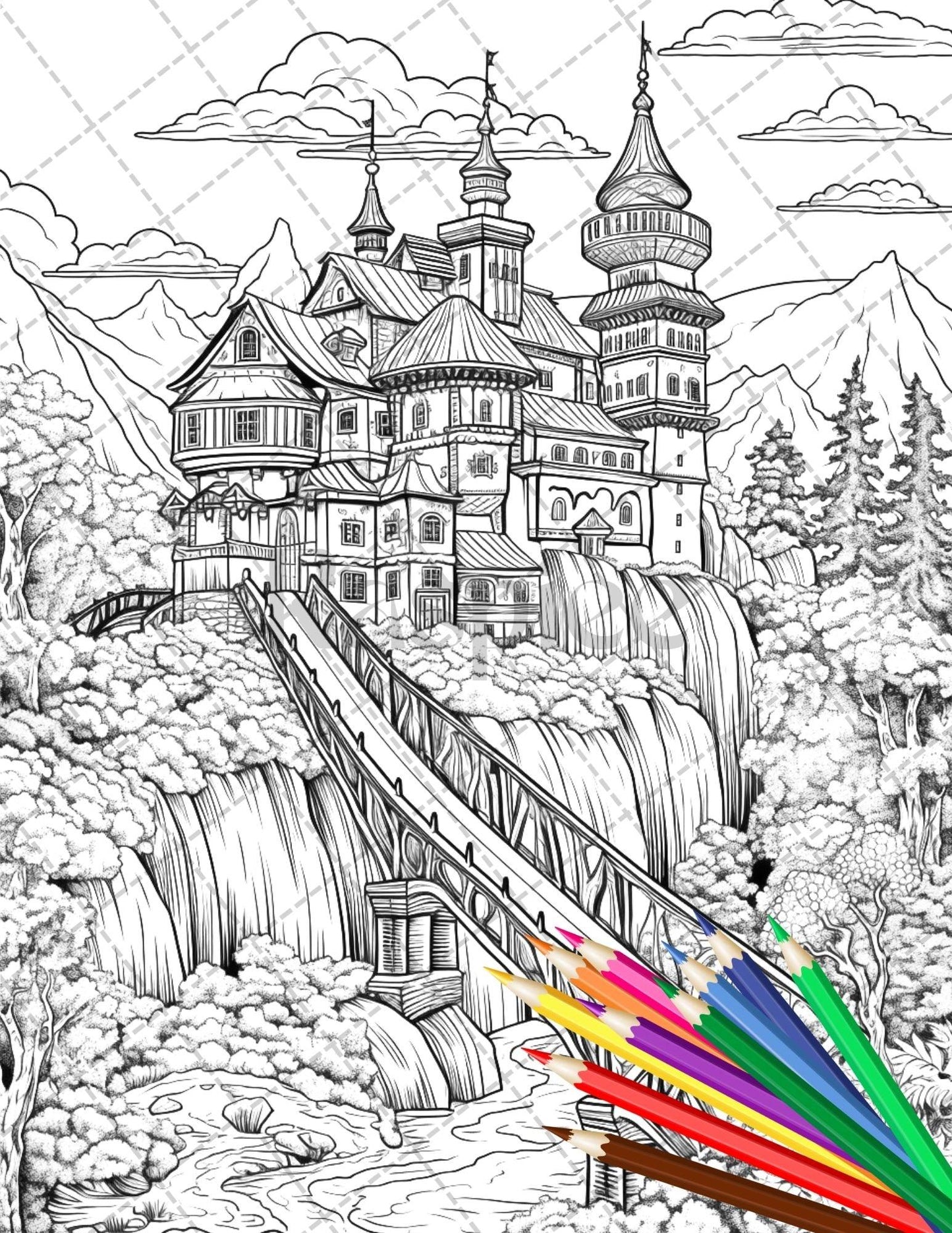 122 Fantasy Castles Coloring Book for Adults, Grayscale Coloring Page, Printable PDF Instant Download