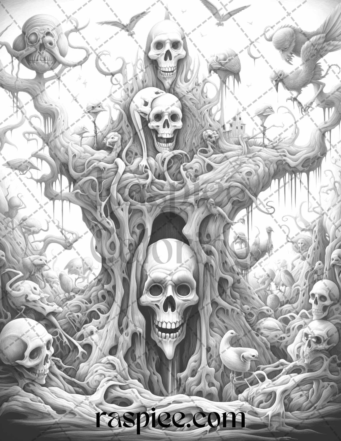 60 Halloween Nightmare Grayscale Coloring Pages Printable for Adults, PDF File Instant Download