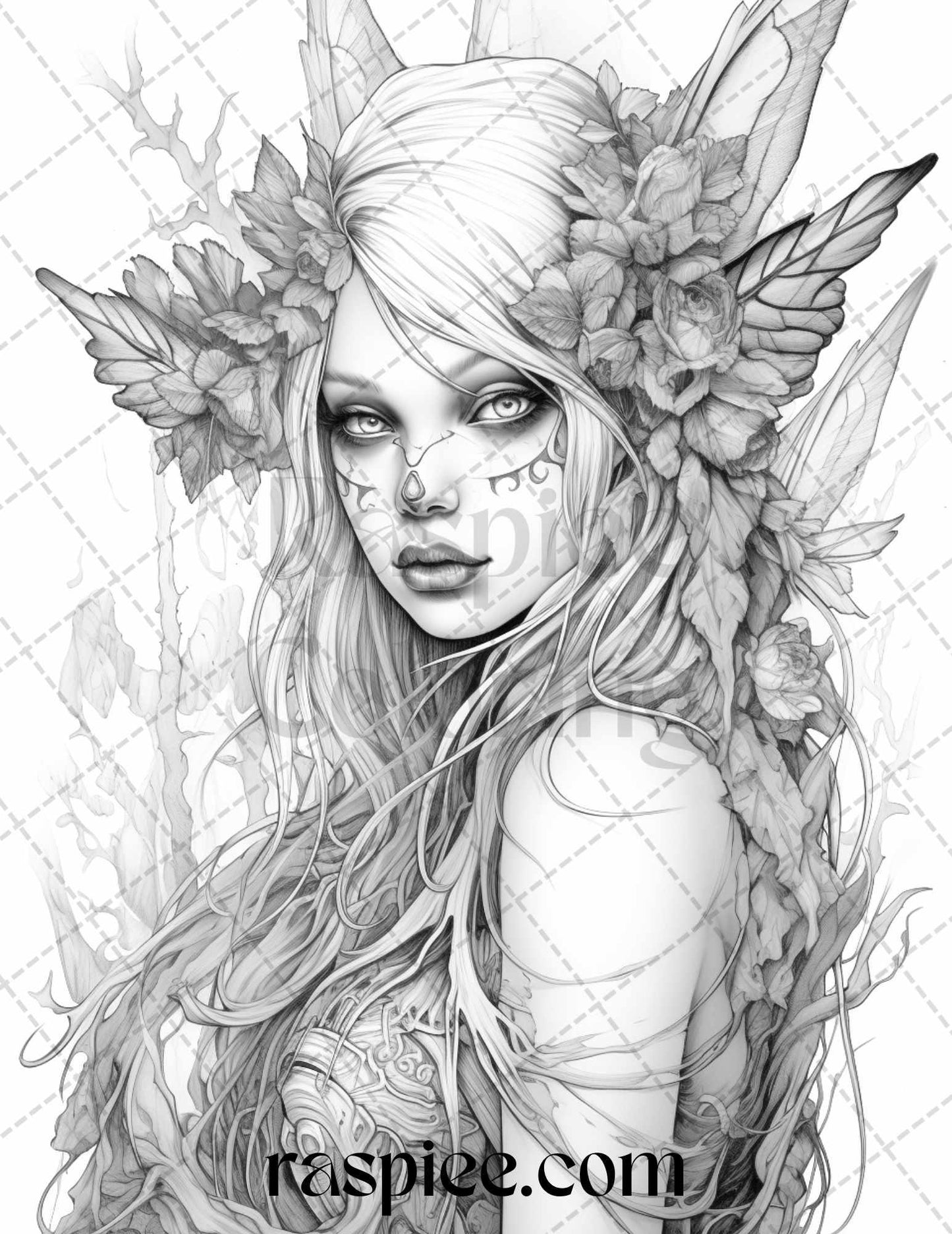 60 Halloween Zombie Fairy Grayscale Coloring Pages Printable for Adults, PDF File Instant Download