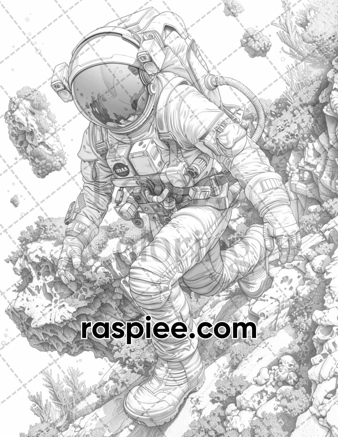 65 Fantasy Astronaut Grayscale Adult Coloring Pages, Printable PDF Instant Download