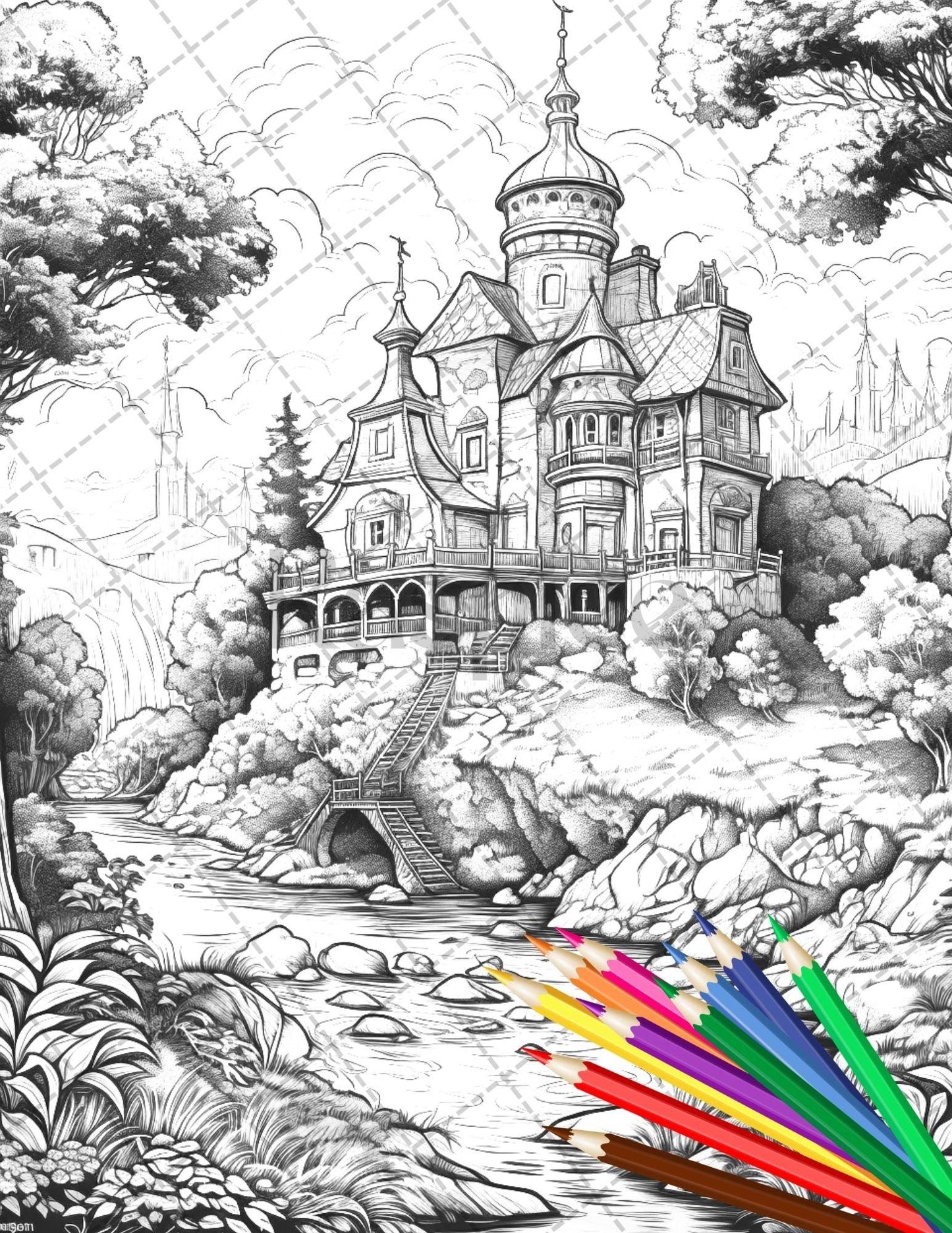 122 Fantasy Castles Coloring Book for Adults, Grayscale Coloring Page, Printable PDF Instant Download