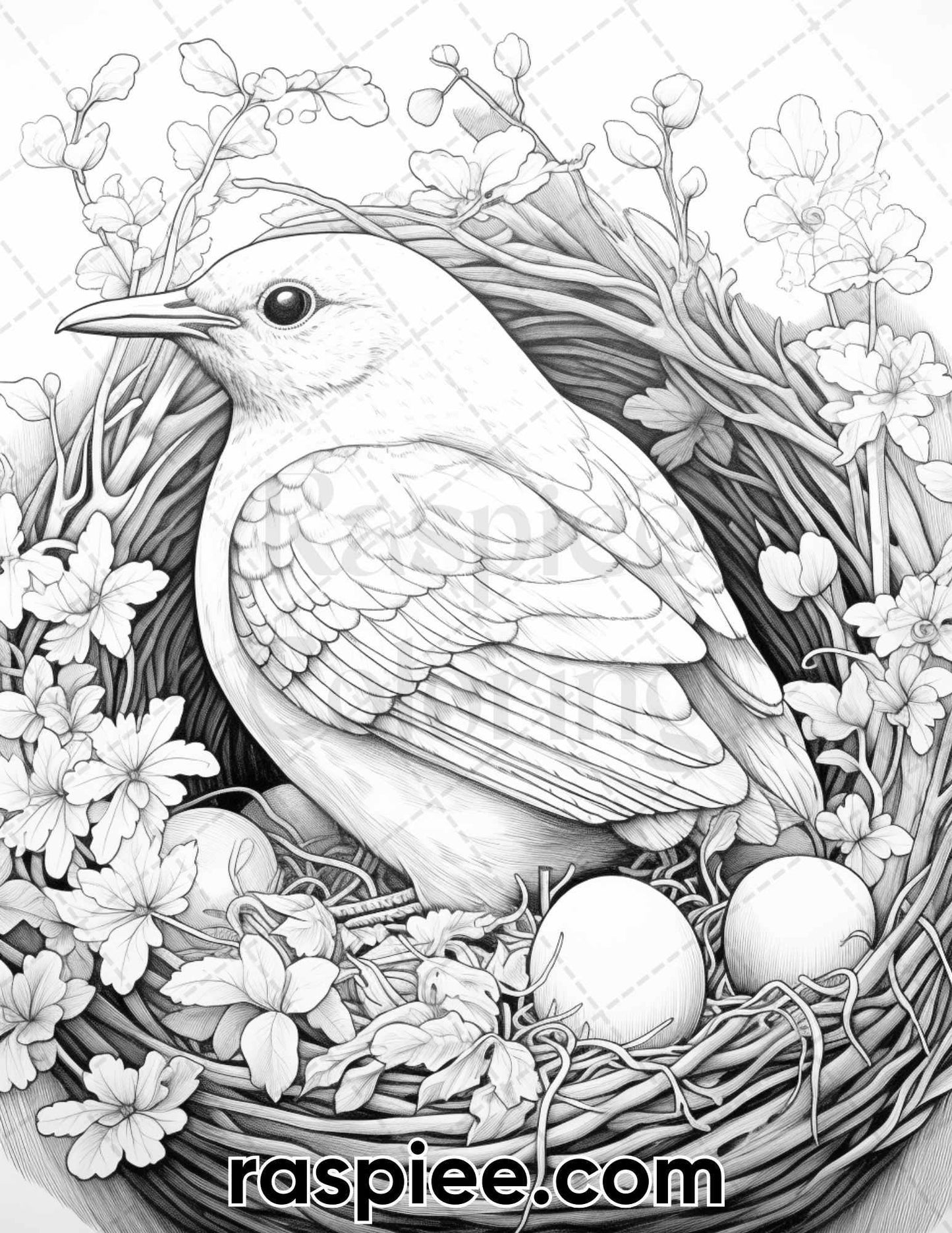 60 Spring Birds Grayscale Adult Coloring Pages, Printable PDF Instant Download