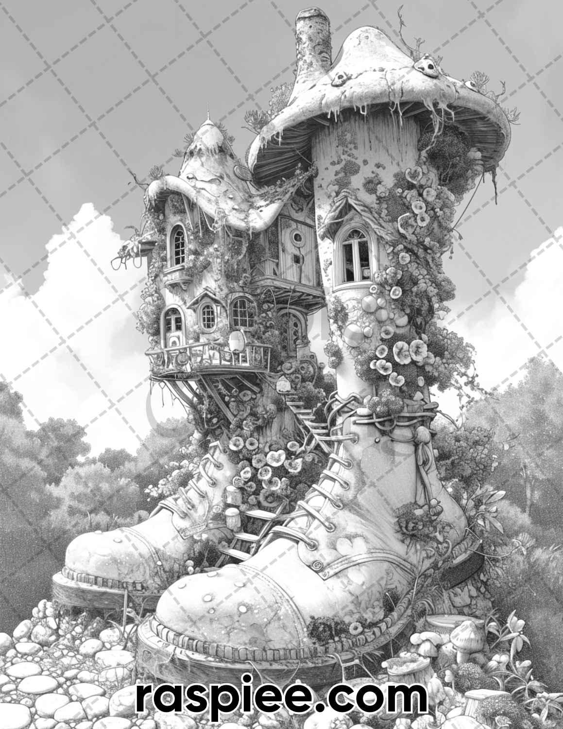 80 Fantasy Shoe House Grayscale Adult Coloring Pages, Printable PDF Instant Download