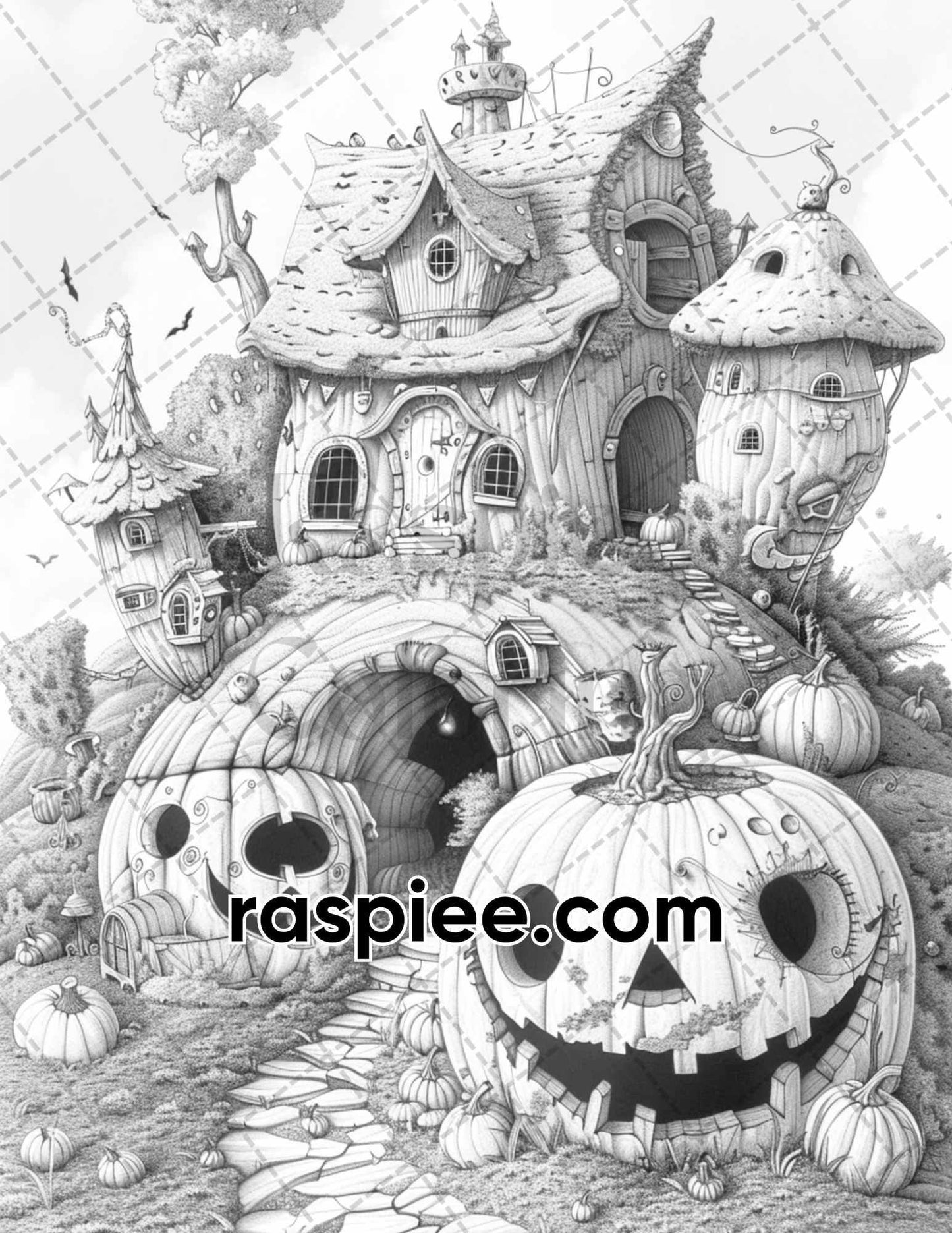 65 Fantasy Pumpkin Village Grayscale Adult Coloring Pages, Printable PDF Instant Download