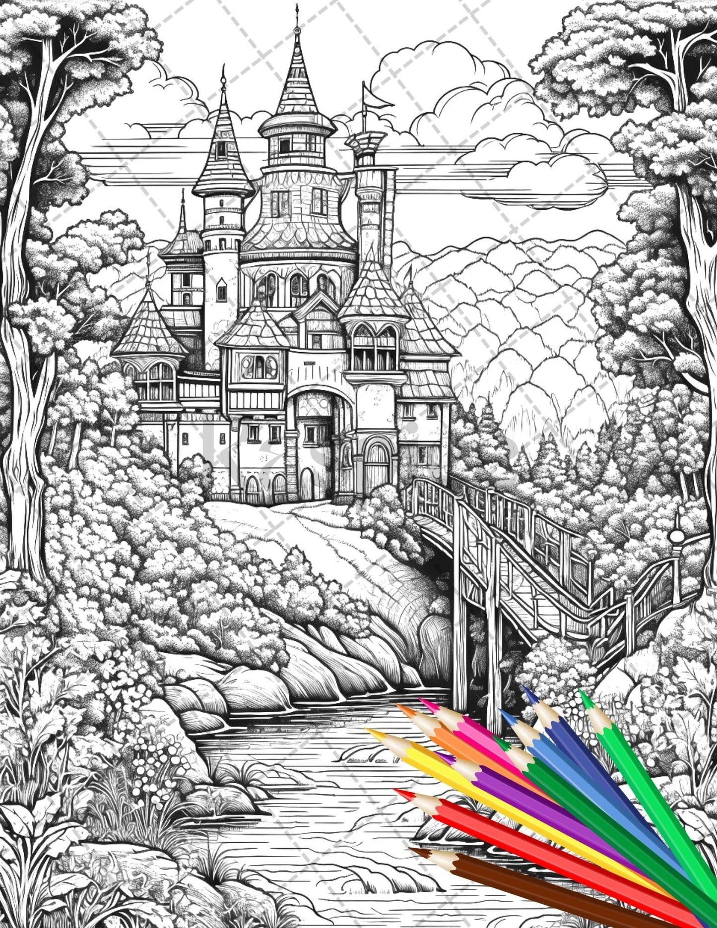 122 Fantasy Castles Coloring Book for Adults, Grayscale Coloring Page, Printable PDF Instant Download