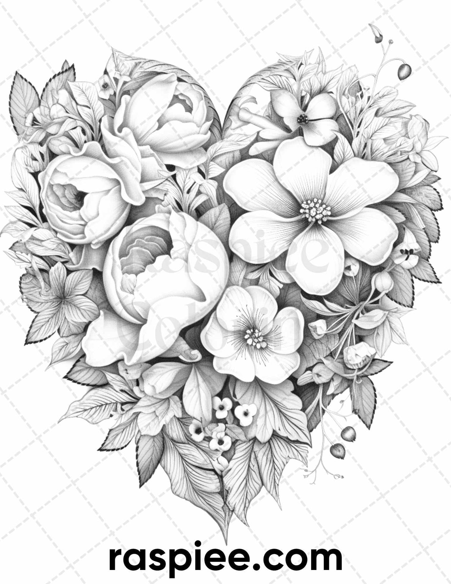 60 Valentine's Day Flowers Grayscale Adult Coloring Pages, Printable PDF Instant Download