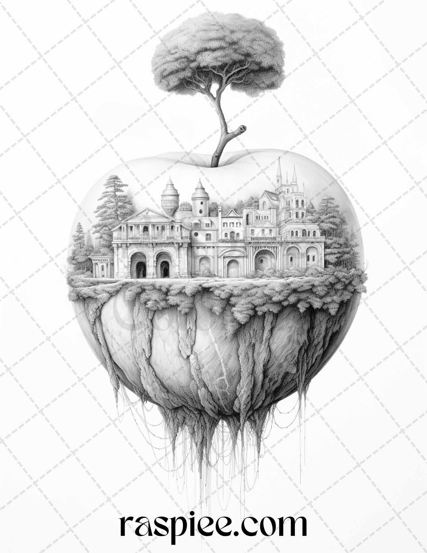 60 Miniworld in the Apple Grayscale Coloring Pages Printable for Adults, PDF File Instant Download