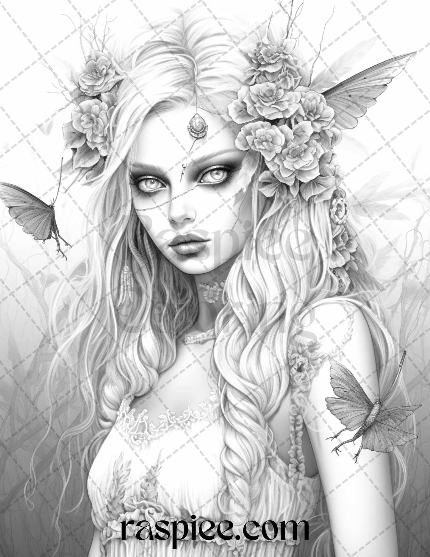 60 Halloween Zombie Fairy Grayscale Coloring Pages Printable for Adults, PDF File Instant Download