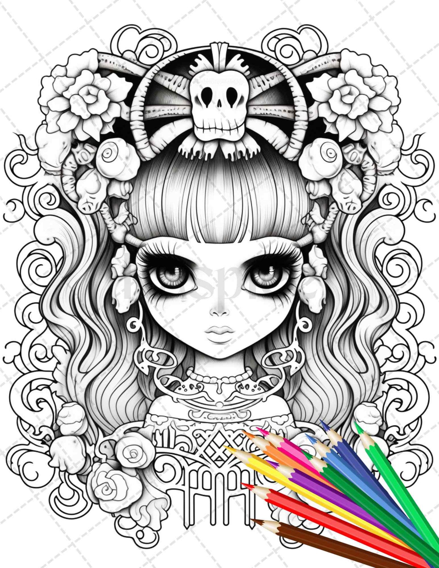 32 Creepy Kawaii Pastel Goth Coloring Pages Printable for Adults, Grayscale Coloring Page, PDF File Instant Download