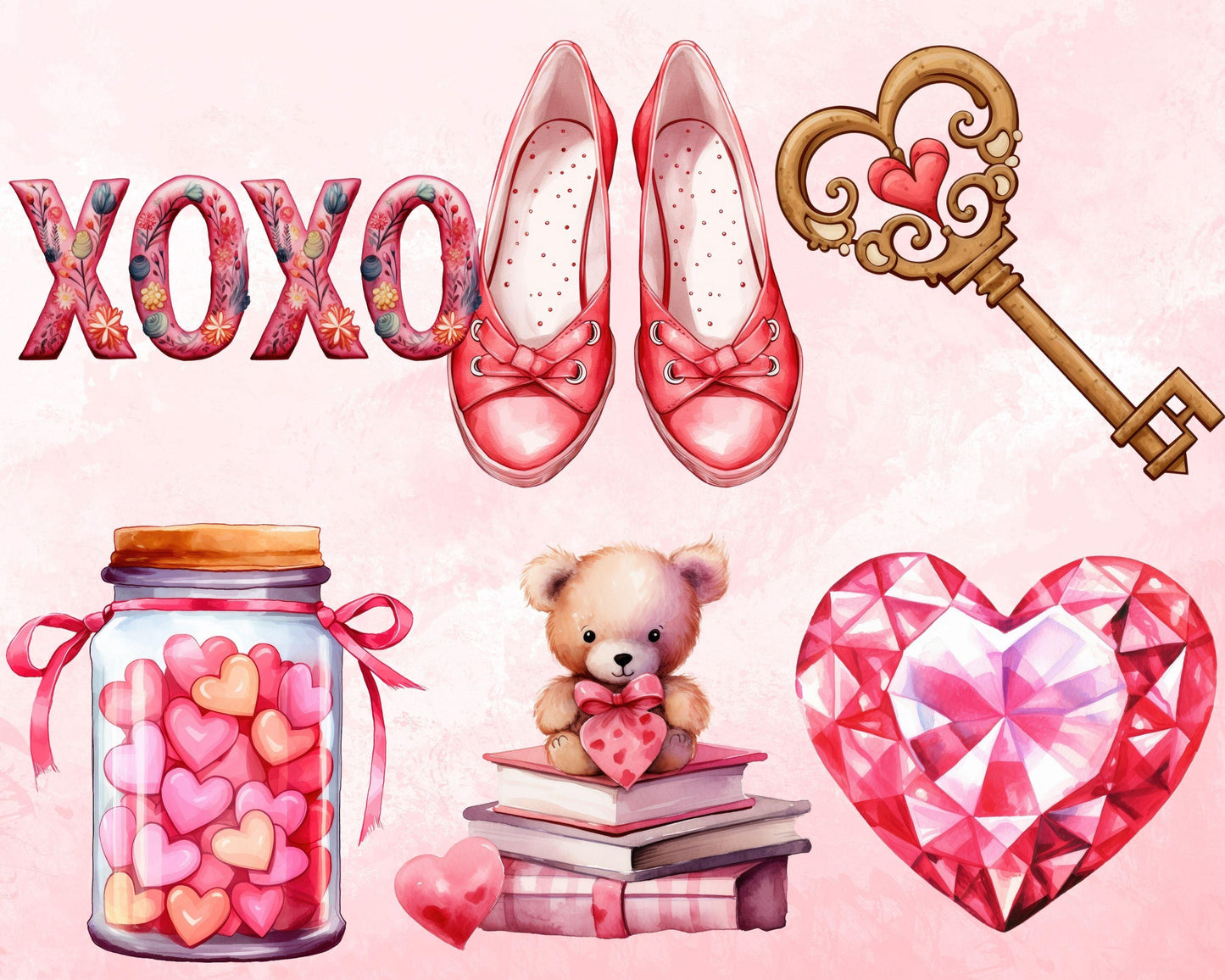Romantic Watercolor Valentine's Day Clipart Bundle, 73 PNG High-Res Files for Commercial Use