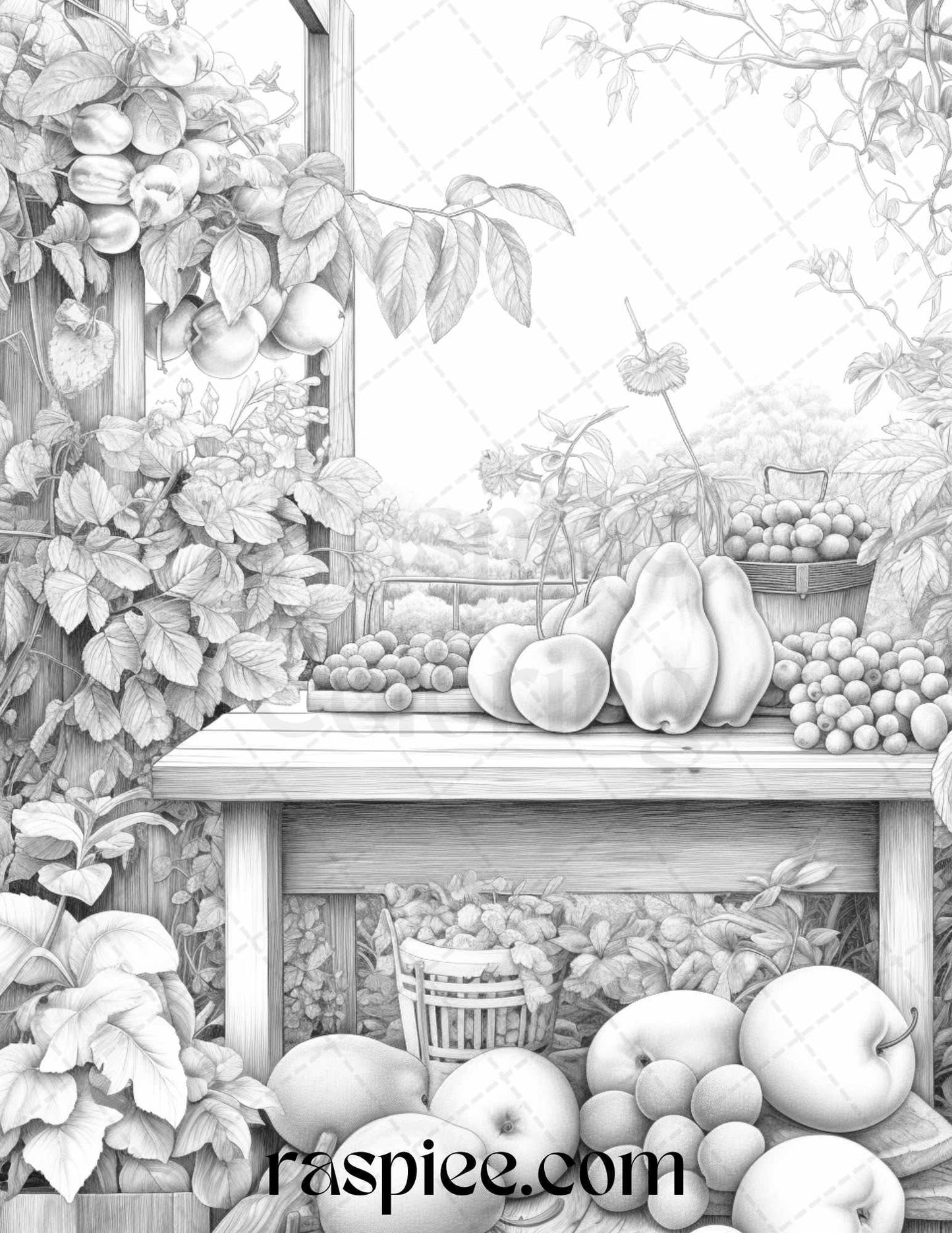 Relaxing Fruit Garden Grayscale Coloring Pages Printable for Adults, PDF File Instant Download