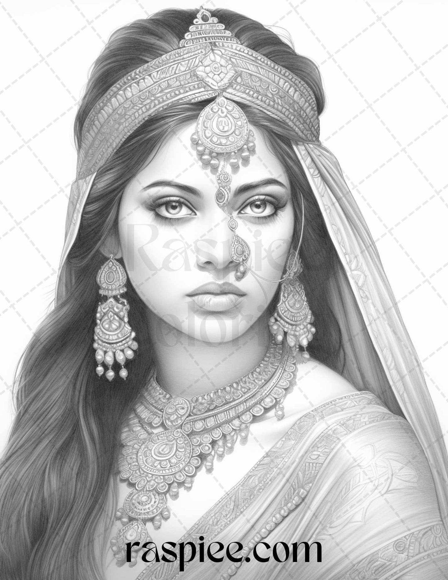 50 Beautiful Indian Women Grayscale Coloring Pages for Adults, Printable PDF File Instant Download