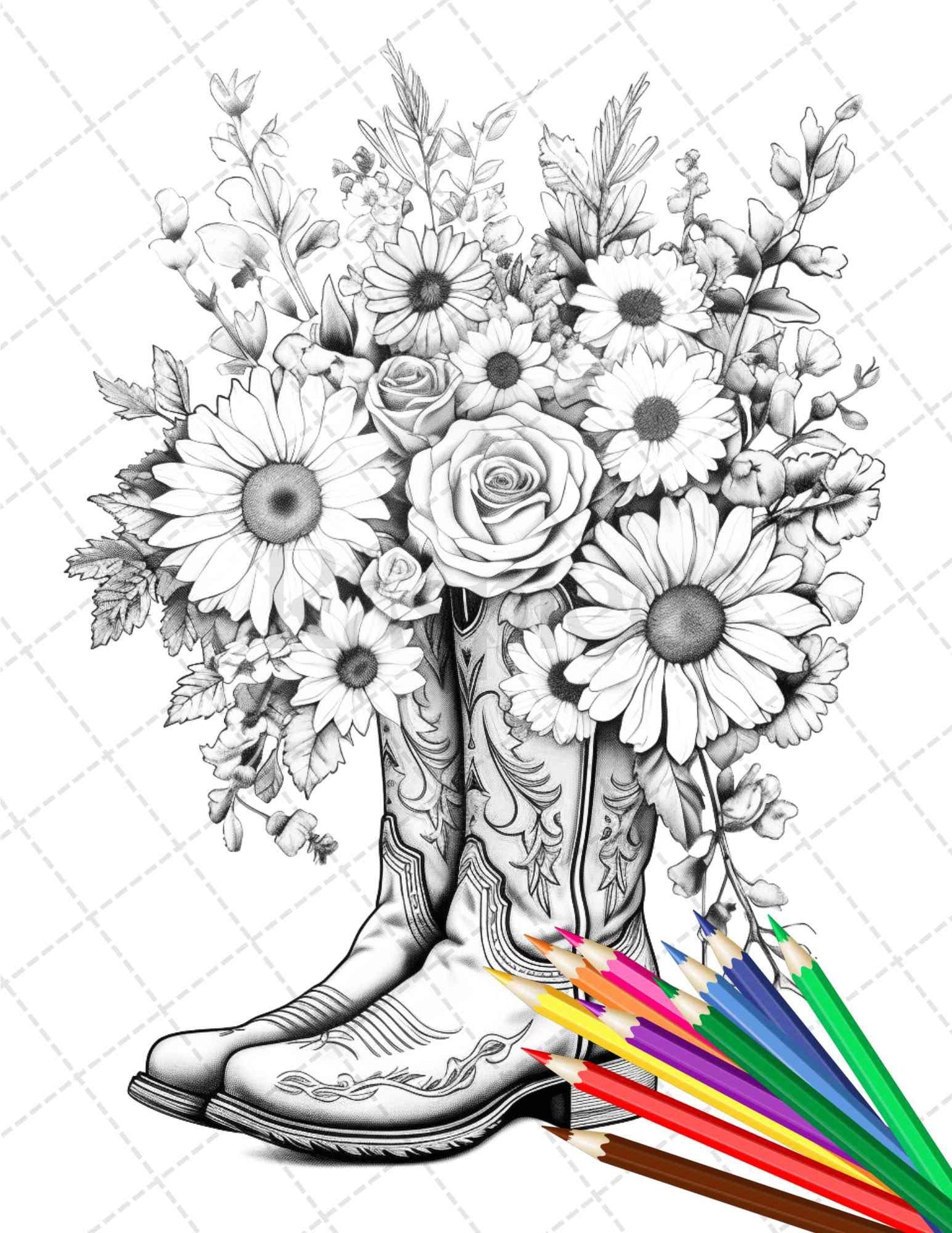 32 Flower Boots Coloring Pages Printable for Adults, Floral Grayscale Coloring Page, PDF File Instant Download
