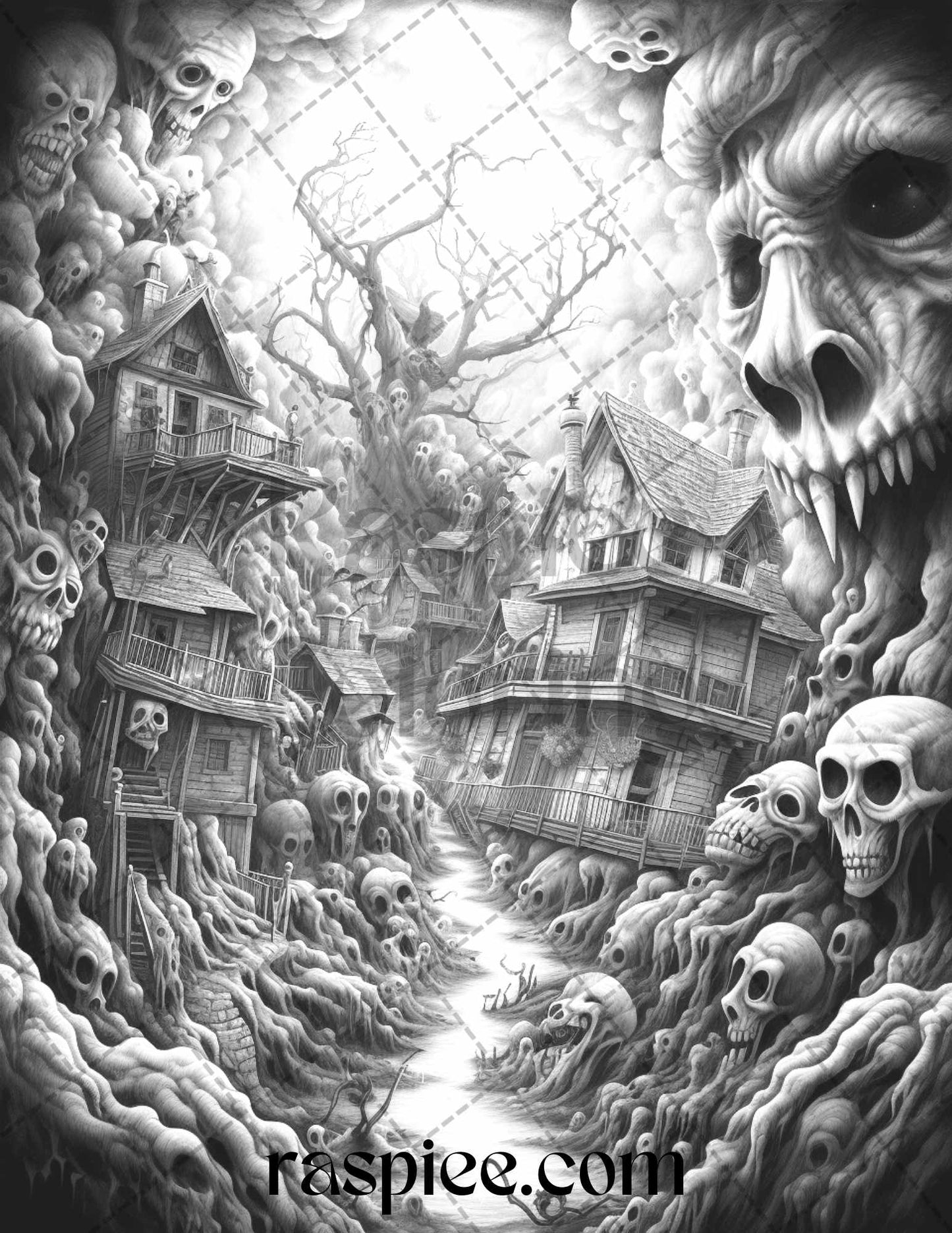 60 Halloween Nightmare Grayscale Coloring Pages Printable for Adults, PDF File Instant Download