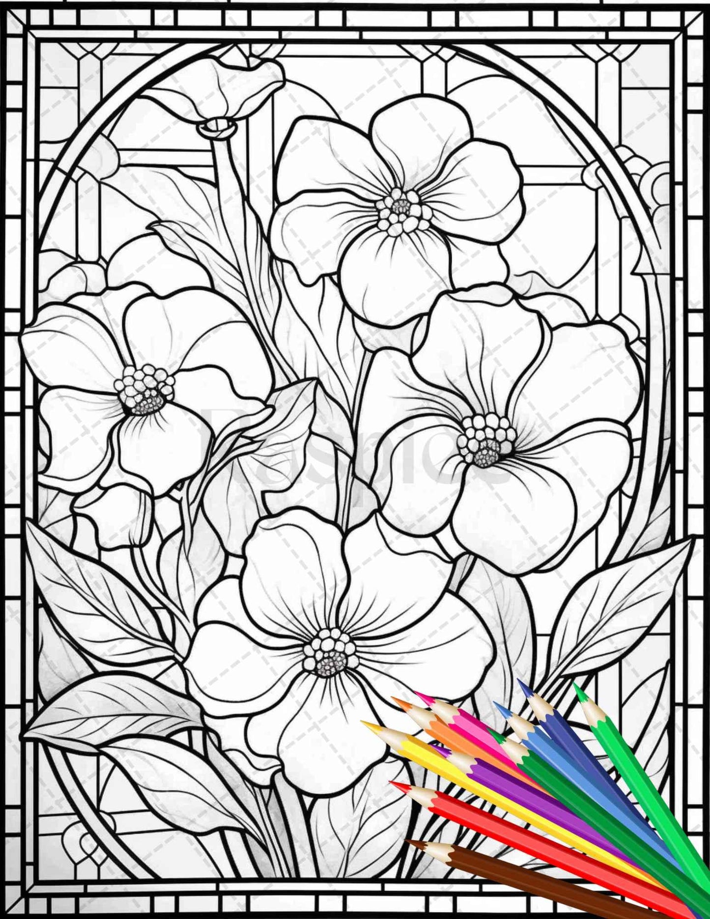 30 Stained Glass Flowers Grayscale Coloring Pages Printable for Adults, PDF File Instant Download