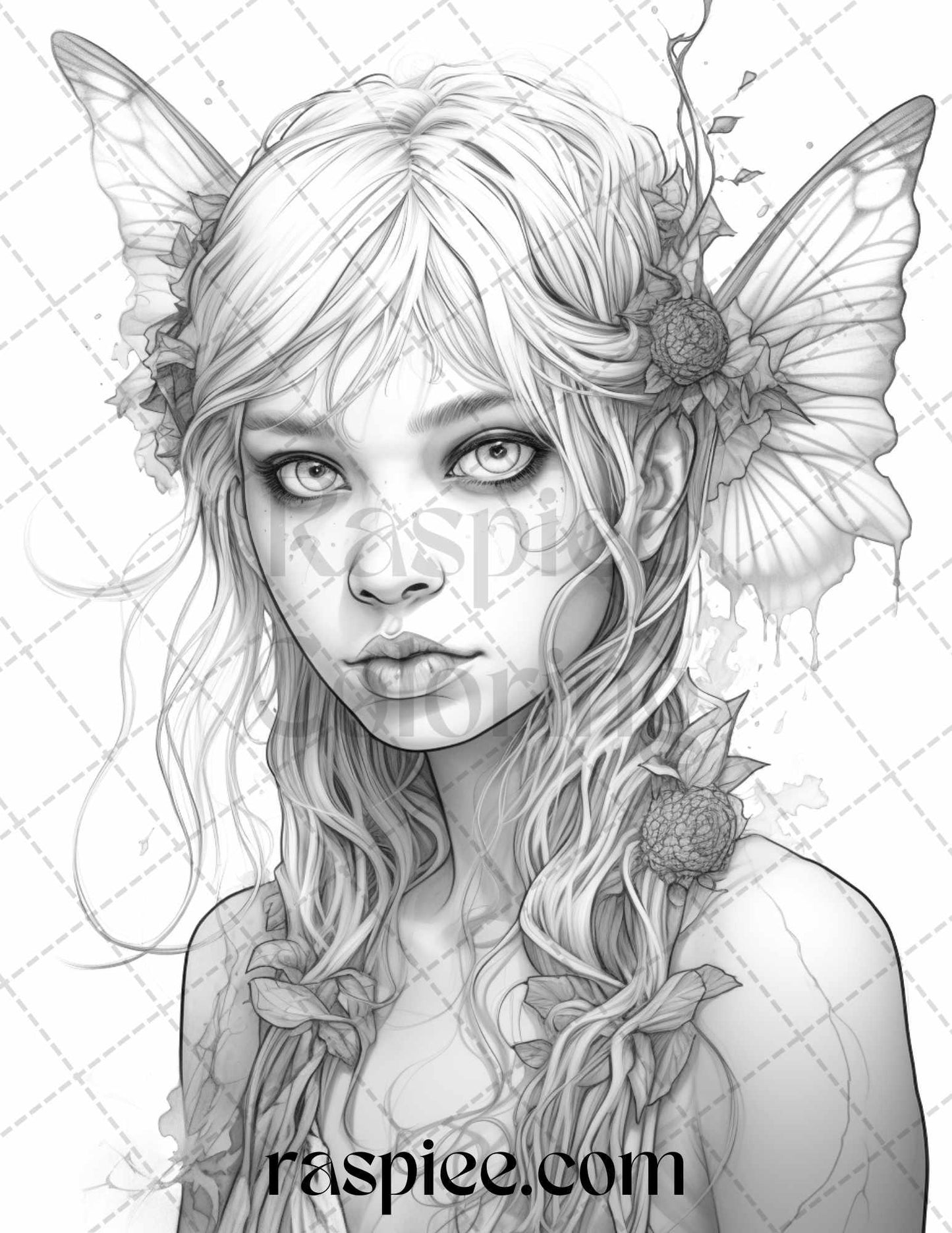 60 Halloween Zombie Fairy Grayscale Coloring Pages Printable for Adults, PDF File Instant Download