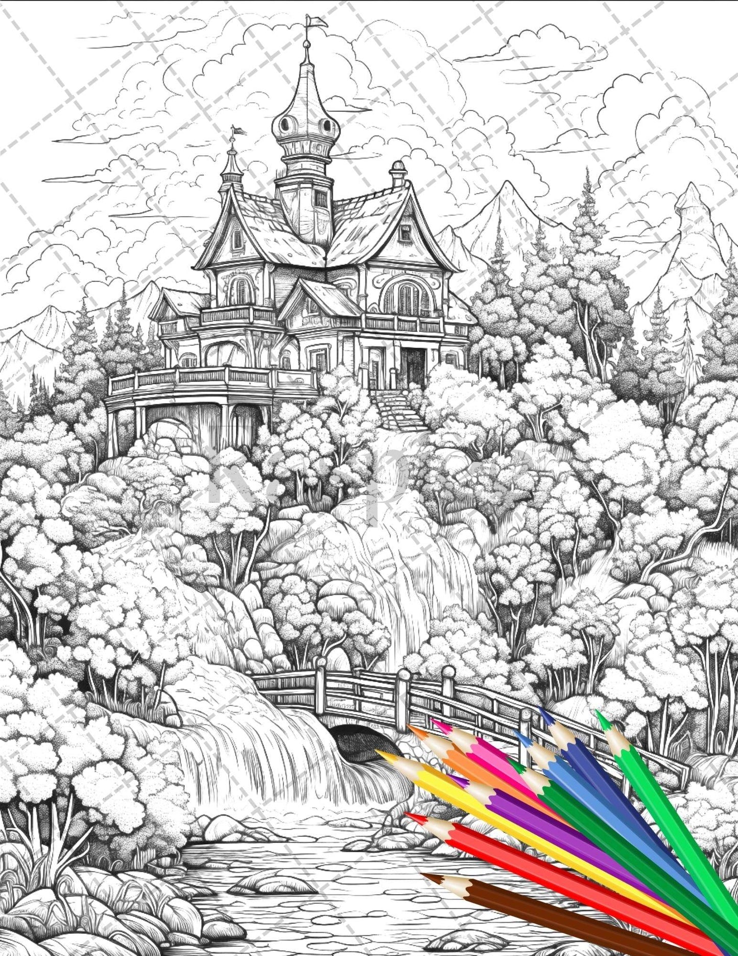 122 Fantasy Castles Coloring Book for Adults, Grayscale Coloring Page, Printable PDF Instant Download