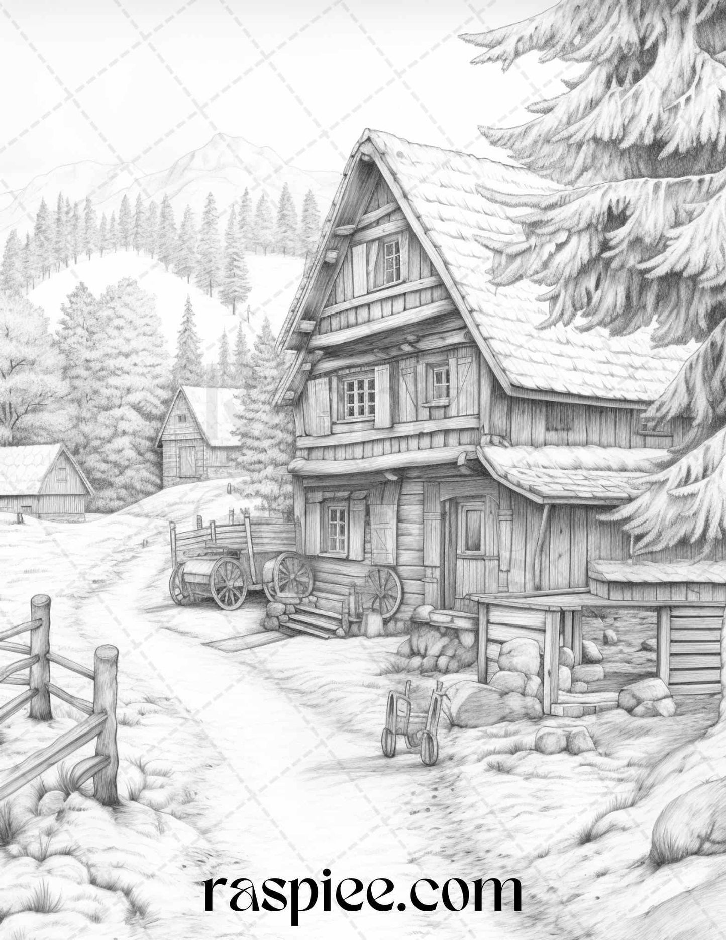 Winter Scenery Grayscale Coloring Pages Printable, Relaxing Snowy Landscapes, PDF File Instant Download