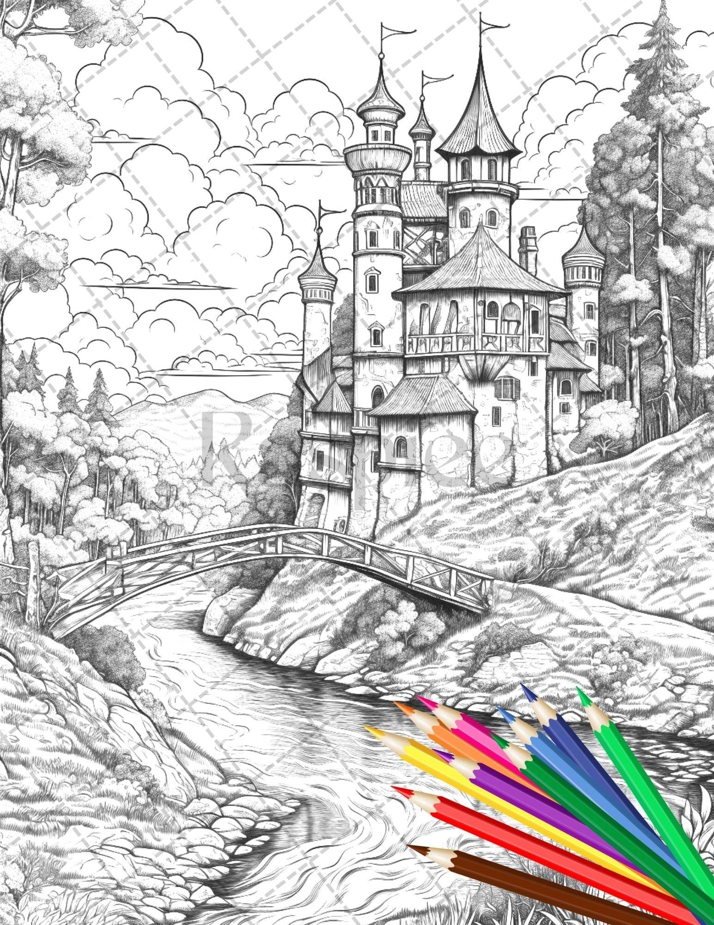 122 Fantasy Castles Coloring Book for Adults, Grayscale Coloring Page, Printable PDF Instant Download