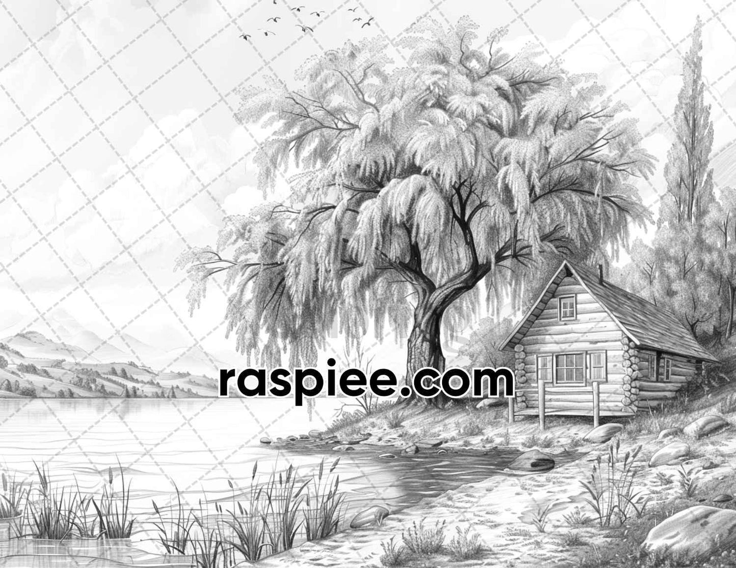 62 Serene Lakeside Cabins Grayscale Adult Coloring Pages, Printable PDF Instant Download