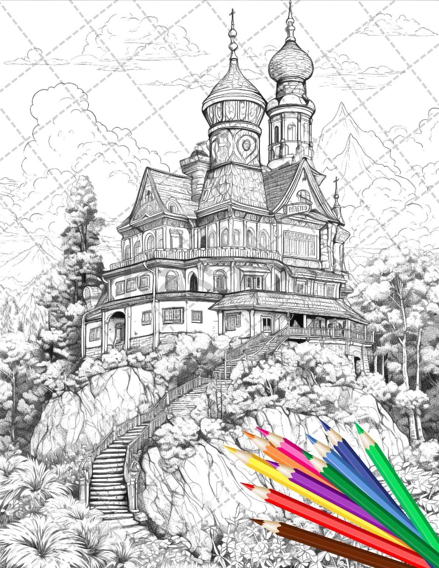 122 Fantasy Castles Coloring Book for Adults, Grayscale Coloring Page, Printable PDF Instant Download