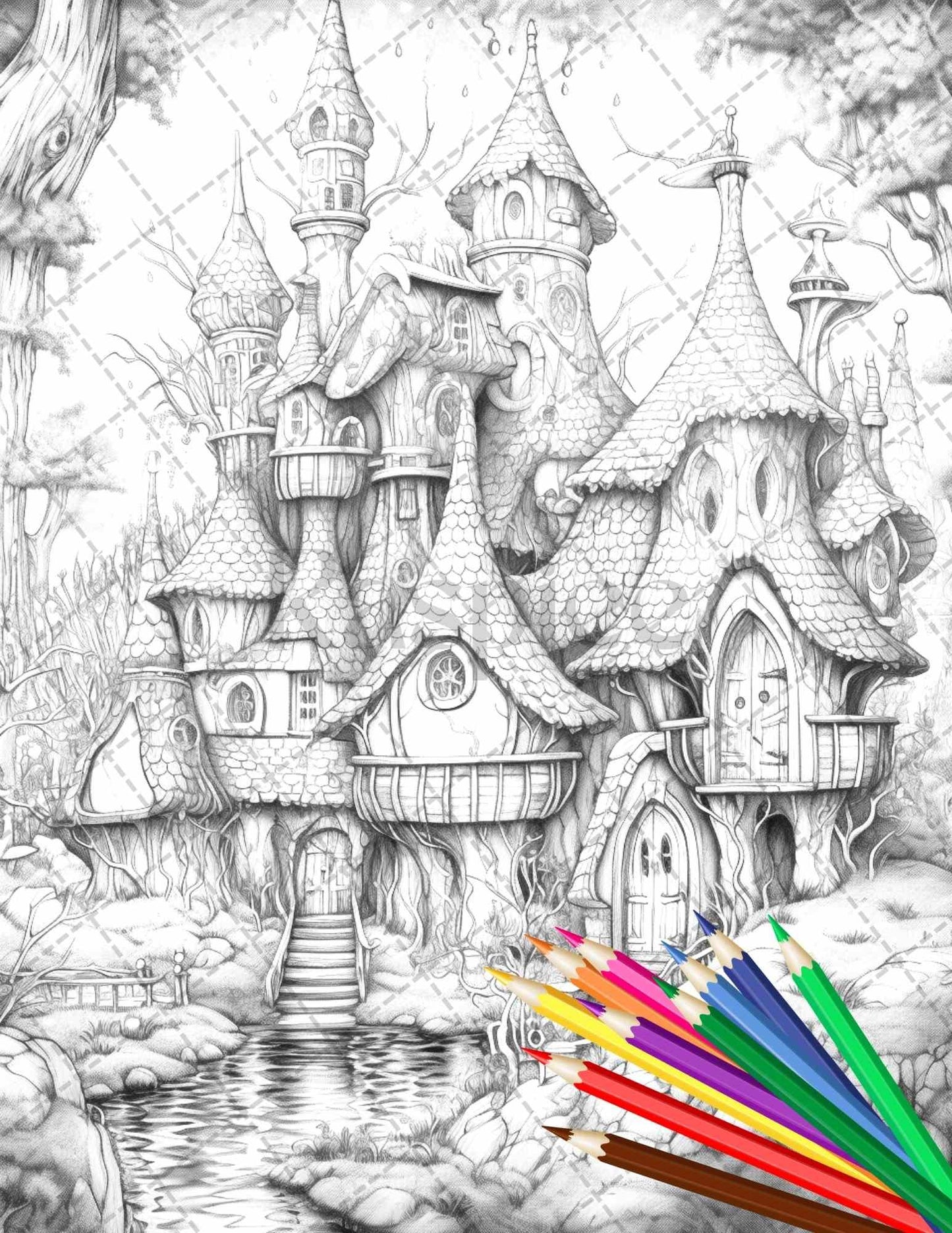 63 Winter Fairy Houses Grayscale Coloring Pages Printable for Adults, PDF File Instant Download