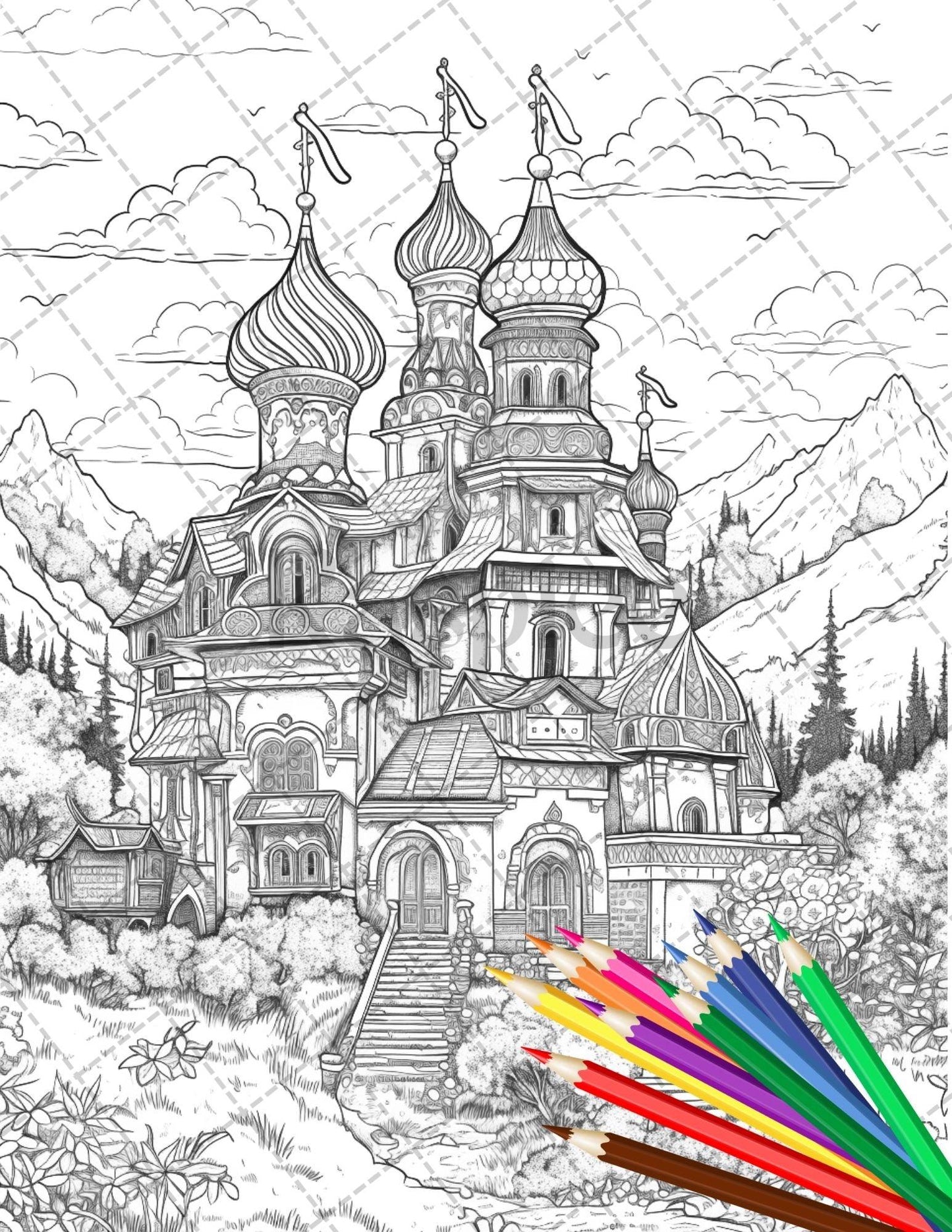 122 Fantasy Castles Coloring Book for Adults, Grayscale Coloring Page, Printable PDF Instant Download